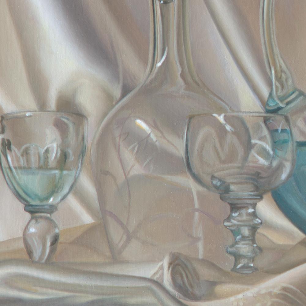 “Lightness”, Transparent Glassware on Satin Fabric Decor  Symbolist Oil Painting - Gray Still-Life Painting by Andrée Bars