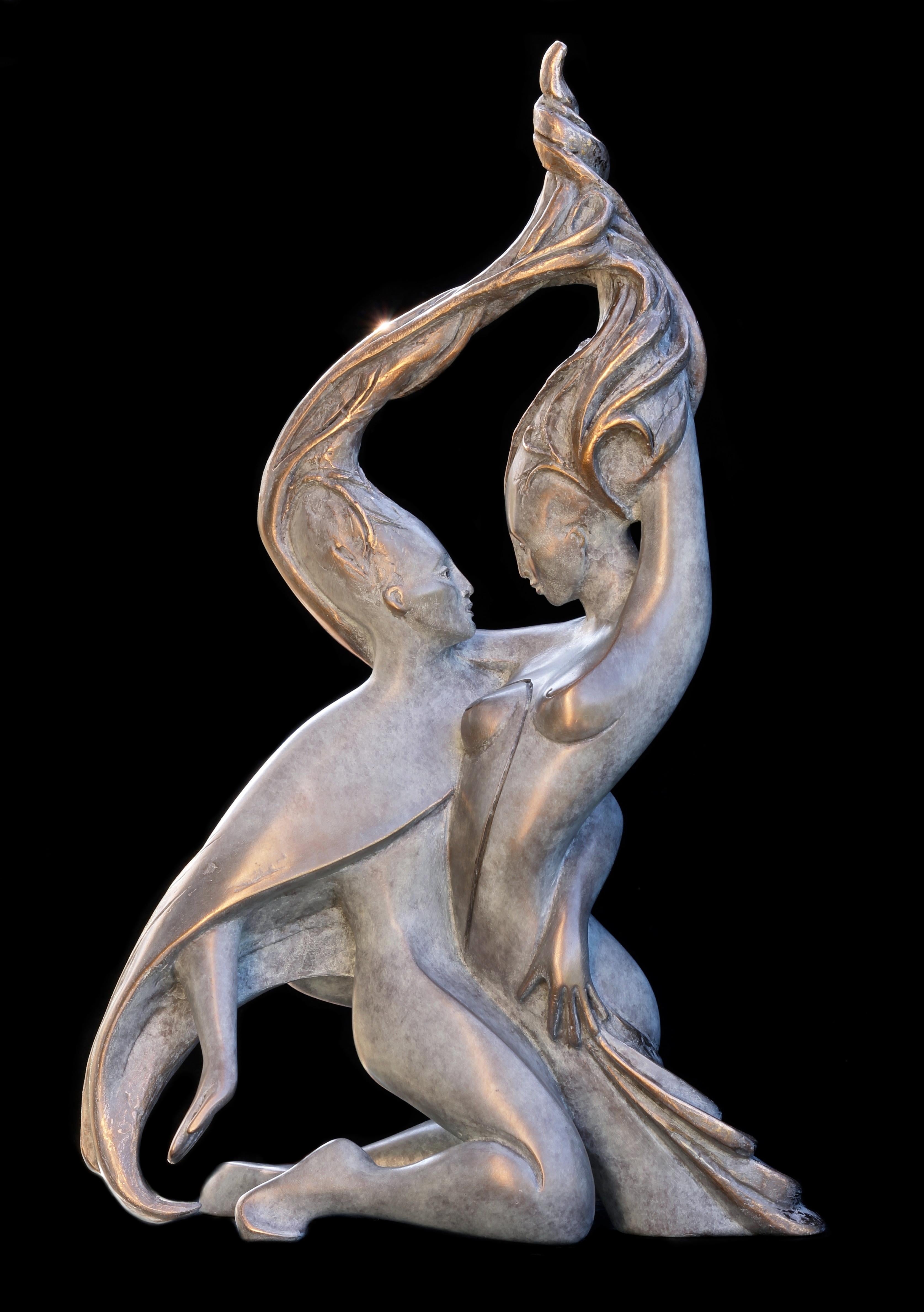 Isabelle Jeandot Nude Sculpture - "Sap", Vigor Nude Embracing Couple Bronze Sculpture