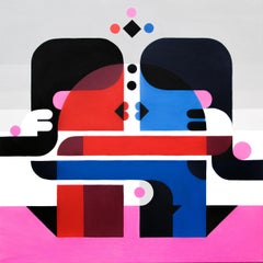 "The Kiss", Kissing Couple Red Pink Blue Grey Black Abstract Acrylic Painting