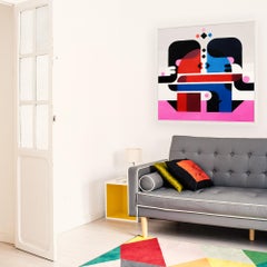 "The Kiss", Kissing Couple Red Pink Blue Grey Black Abstract Acrylic Painting