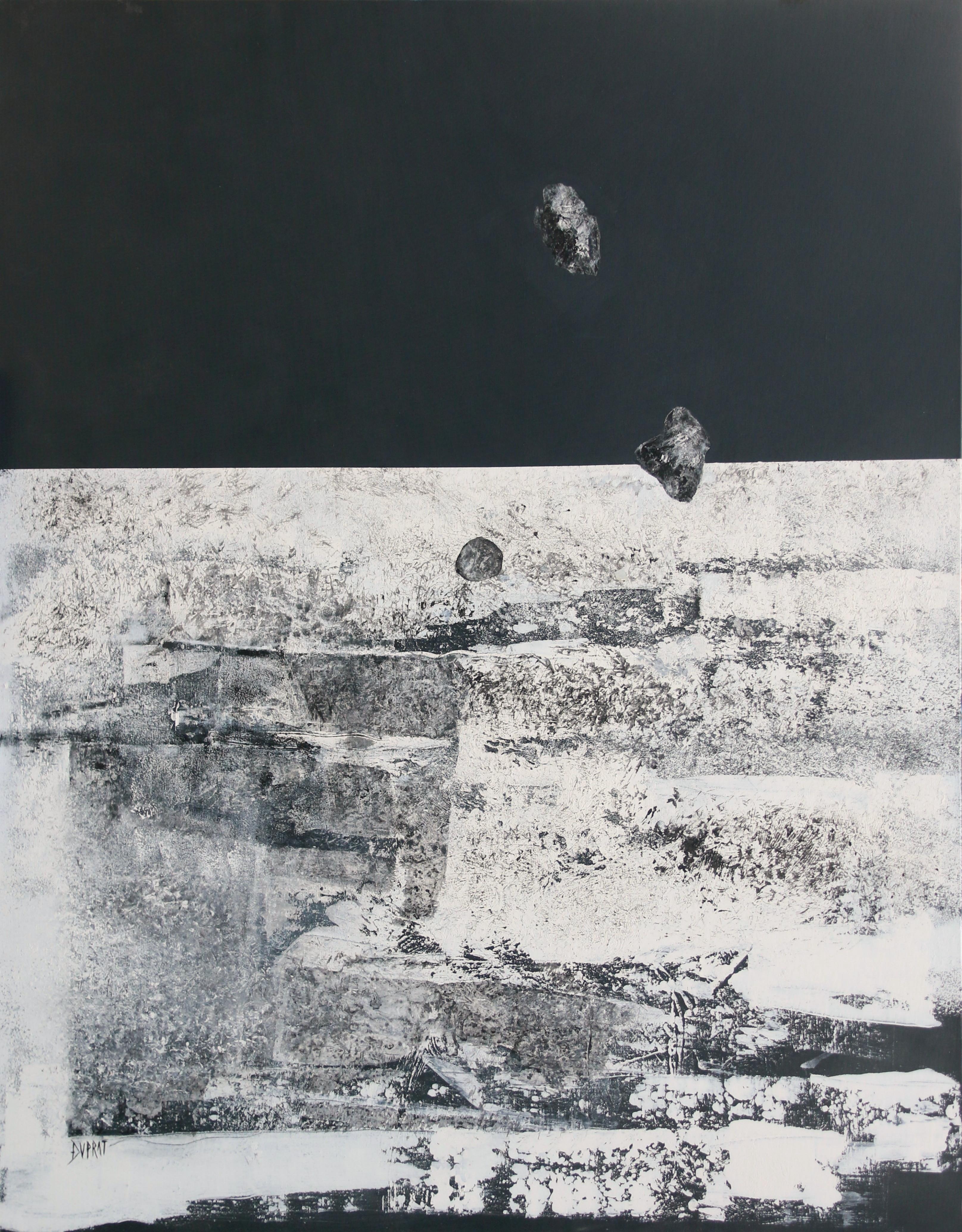 Françoise Duprat Landscape Painting - "Where are we?", Large Black and White Abstract Lunar Landscape Acrylic Painting