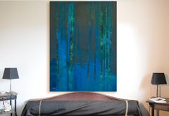 "Ô de la nuit", Night Blue Forest Abstract Landscape Oil Painting