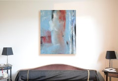 "Sunburn, Nude Seated Woman on Cyan and Red Acrylic Painting