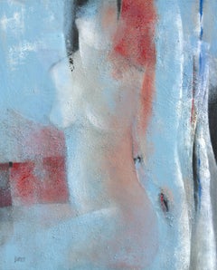 "Sunburn, Nude Seated Woman on Cyan and Red Acrylic Painting