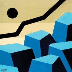 "Parallels", Blue Ochre Neue Constructivist Abstract Landscape Acrylic Painting