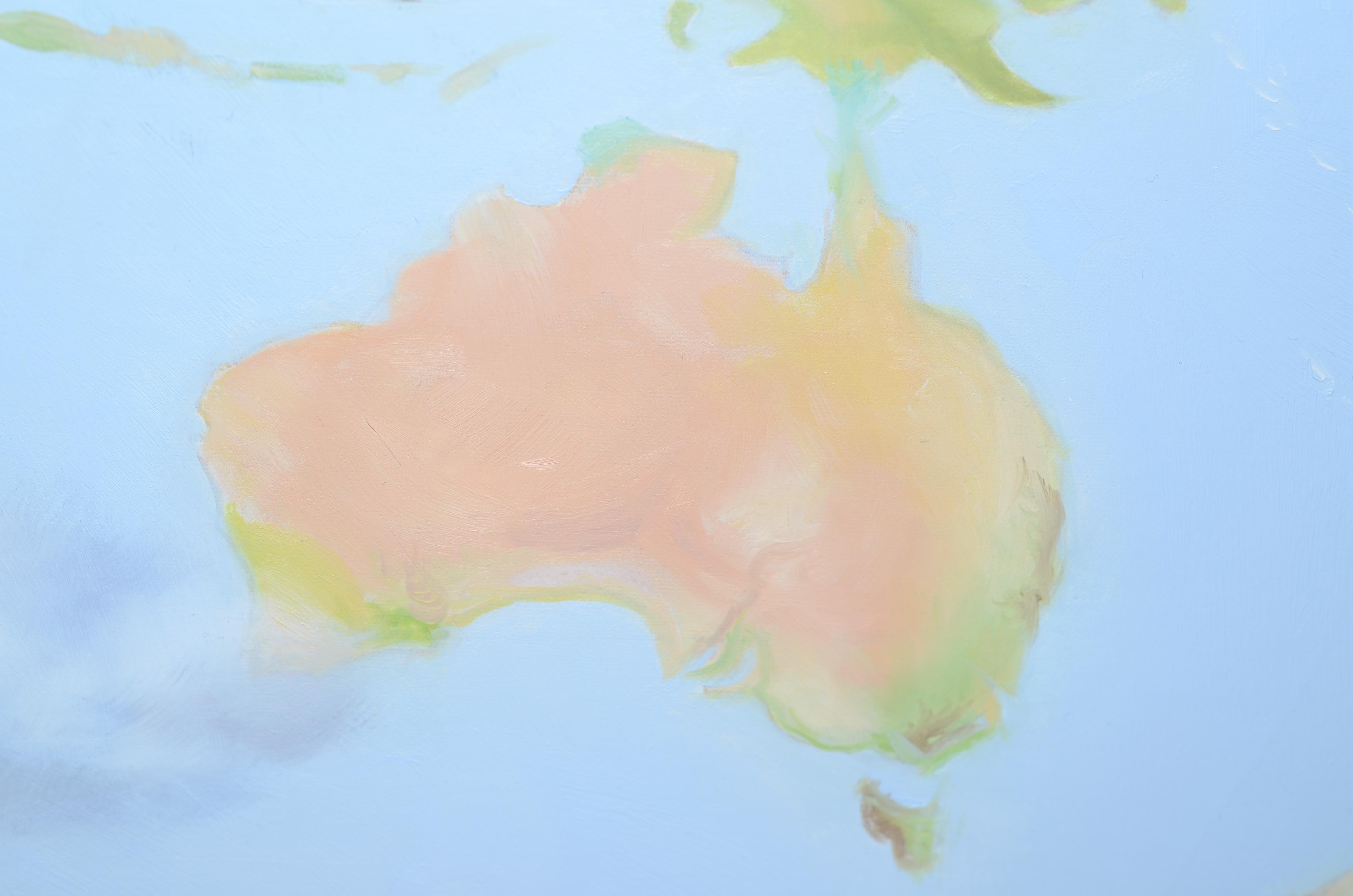 Andrée Bars “Gaïa, the Mother Earth”, Blue and Green Map Hyperrealist Symbolist Oil Painting