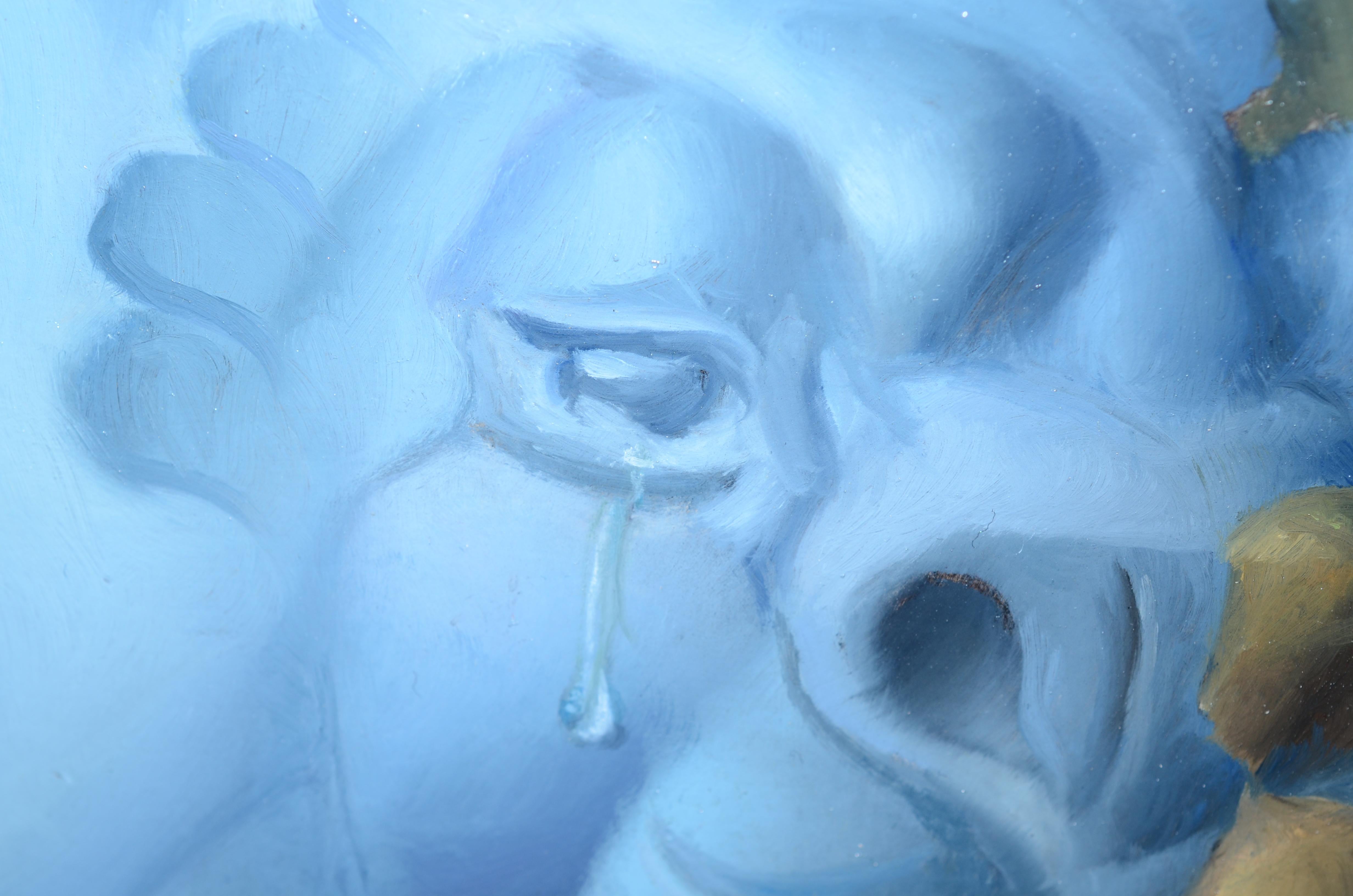 The Lion Cries, peinture à l'huile symboliste hyperréaliste d'une carte bleue et verte - Painting de Andrée Bars