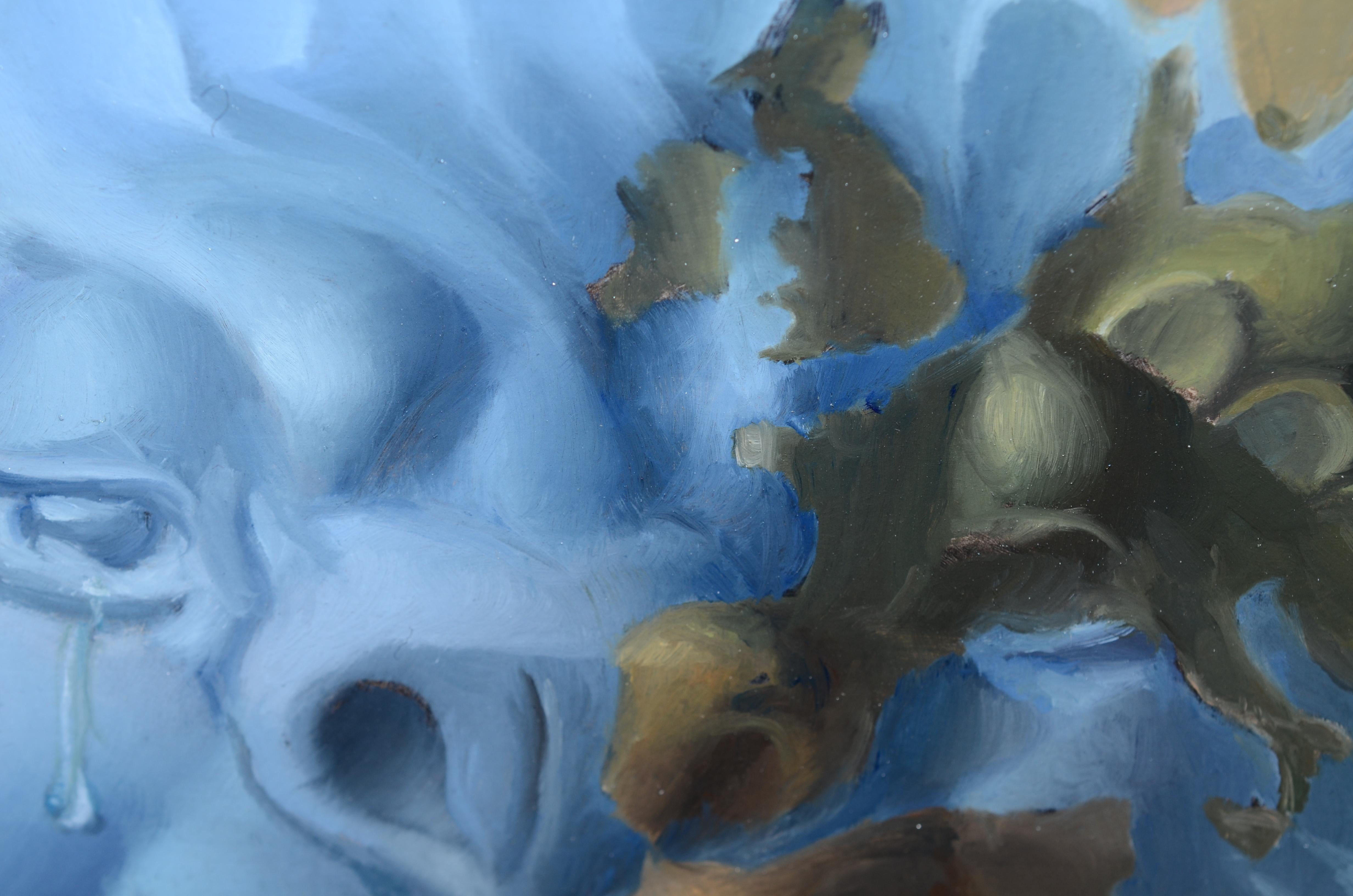The Lion Cries, peinture à l'huile symboliste hyperréaliste d'une carte bleue et verte en vente 3