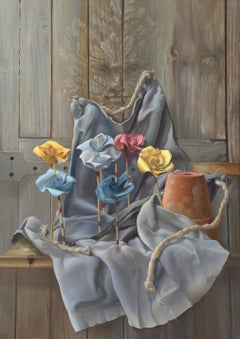 “The Gardener’s Will", Origami Flower, Yellow Blue Rose Symbolist Oil Painting