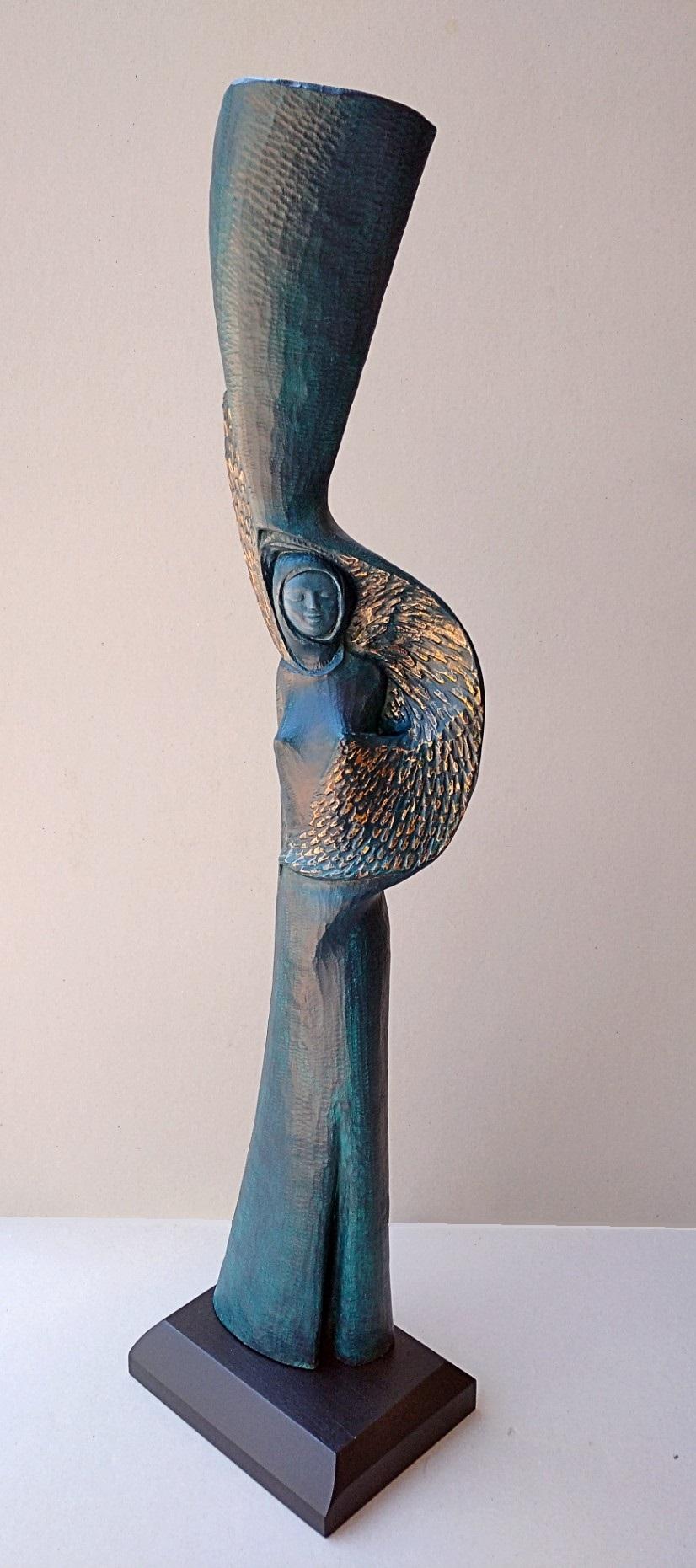 Lutfi Romhein Figurative Sculpture - " Woman with Bird ",  Blue Golden Figurative Abstract Oak Wood Sculpture