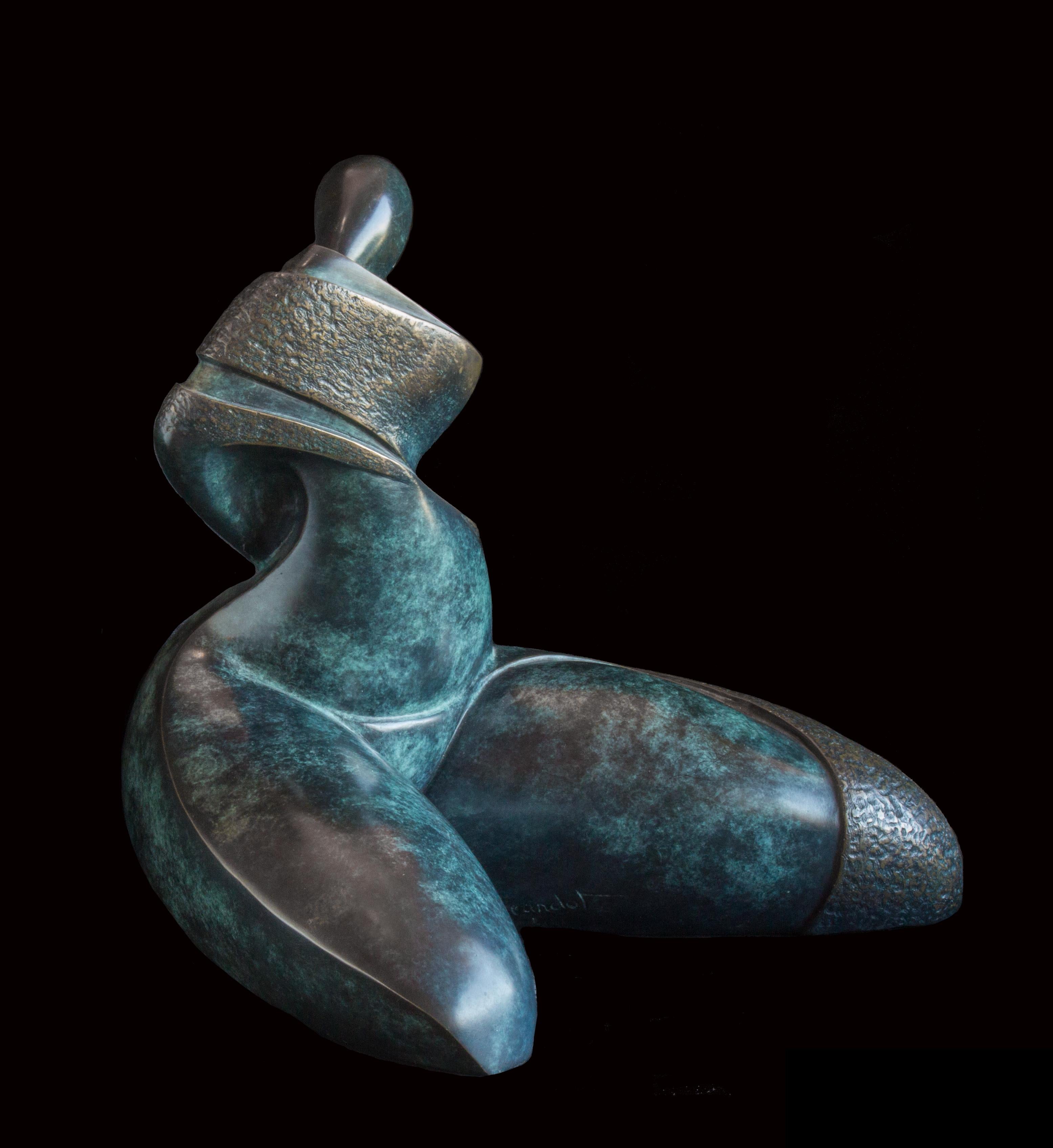 Isabelle Jeandot Nude Sculpture - "Effeuillamante", Kneeled Venus Looking Behind Semi-Abstract Bronze Sculpture