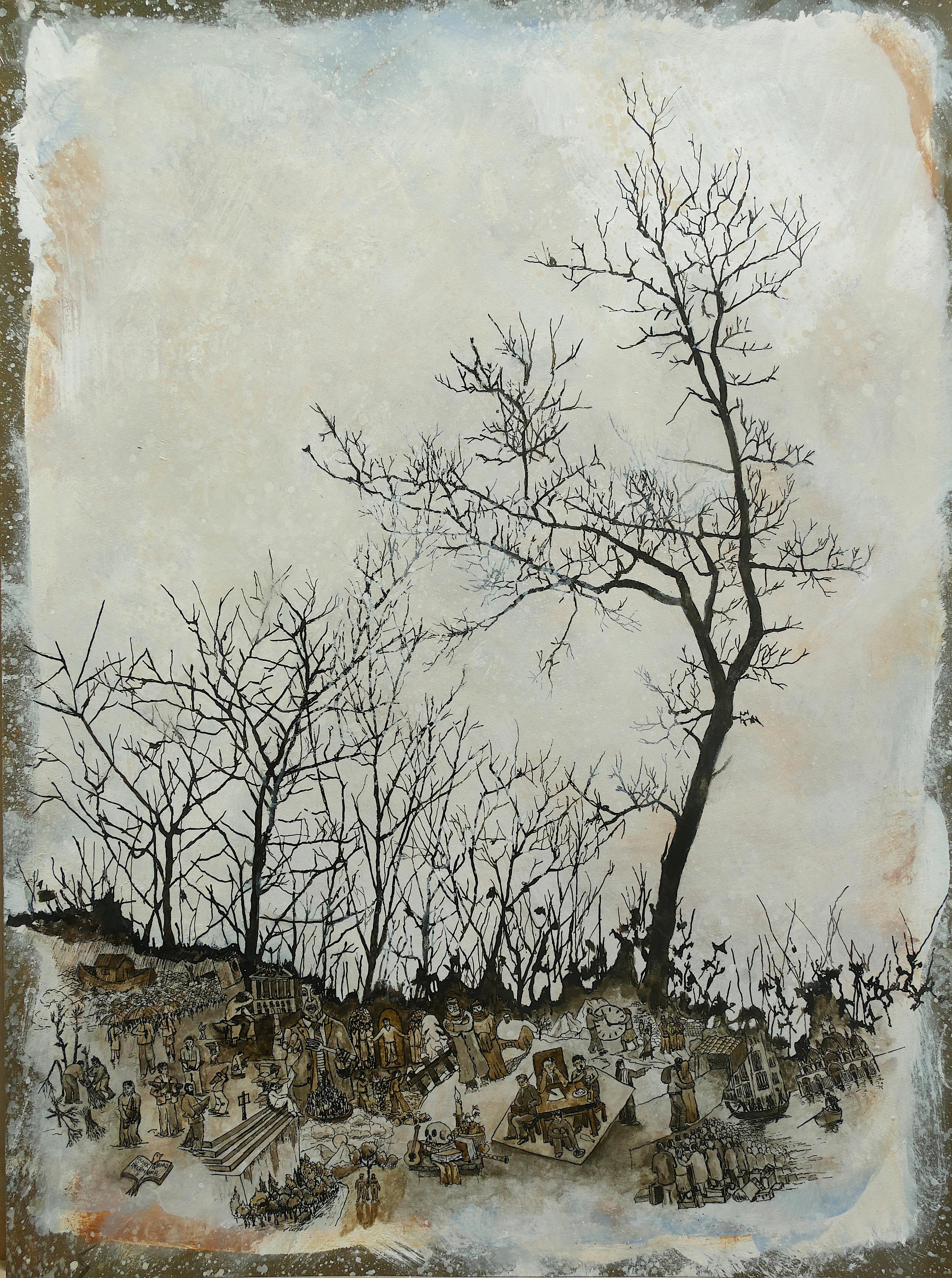 Landscape Art Frank Girard - ""December", arbres et humains dans la nature, pigments et dessin sur papier