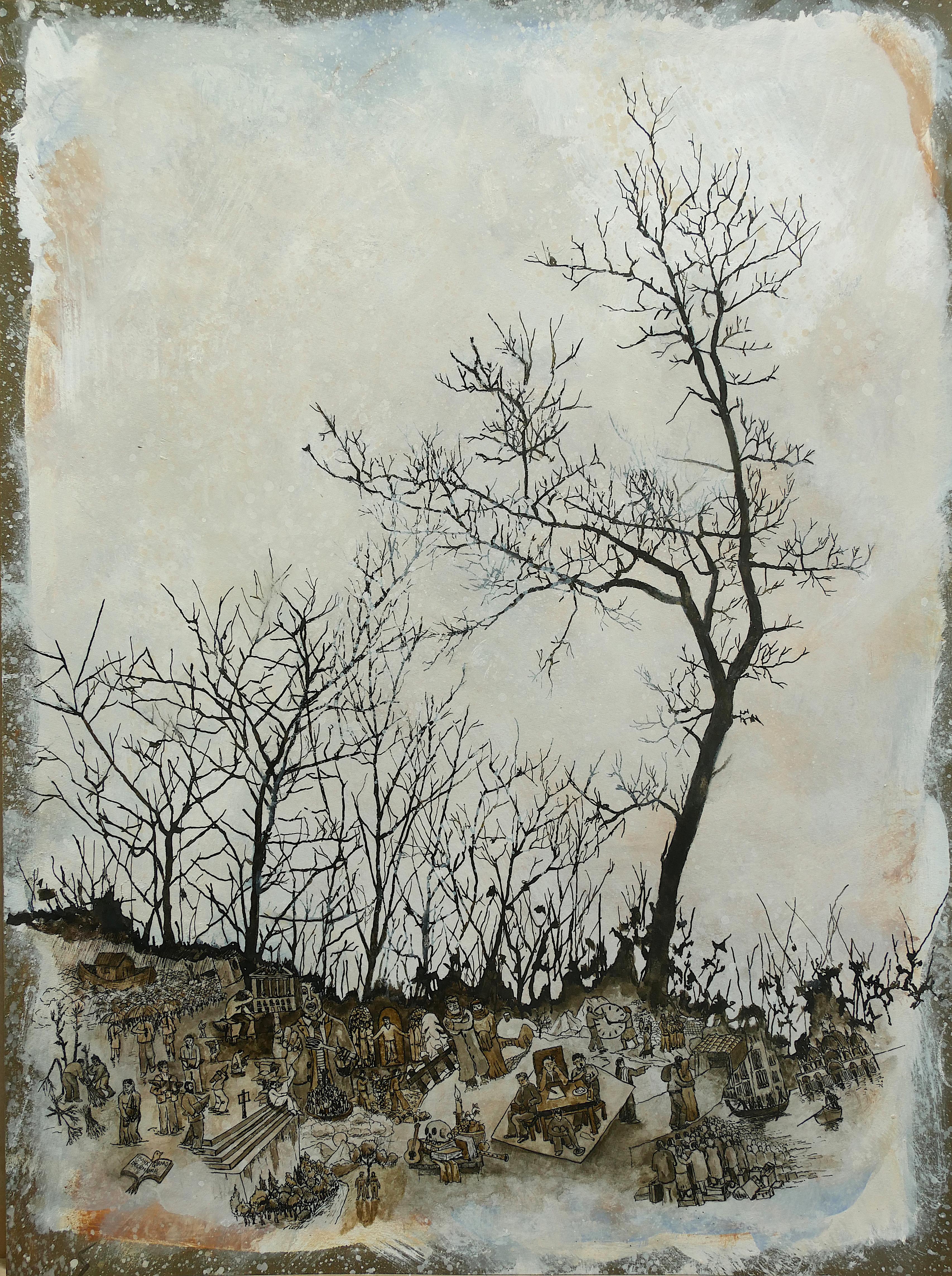 ""December", arbres et humains dans la nature, pigments et dessin sur papier