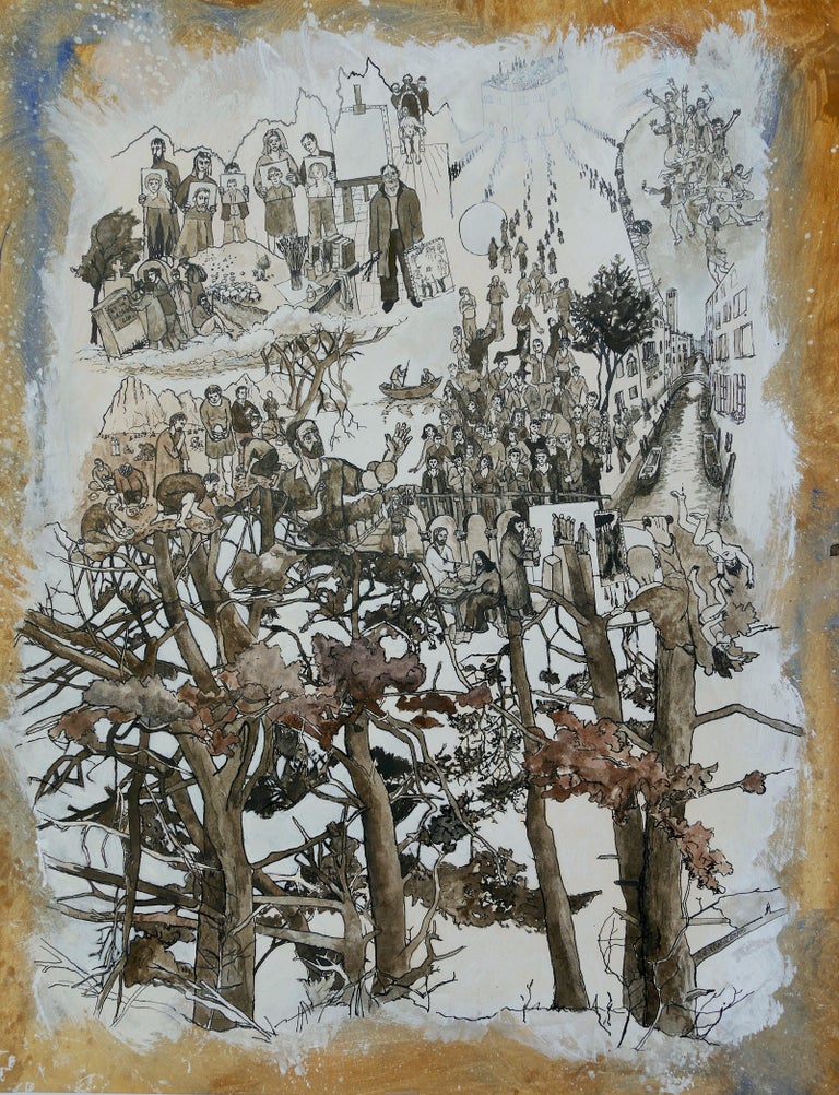 Frank Girard Figurative Art - "Shepherds of Arcadia ", Trees, Human in Nature, Pigments and Drawing on Paper