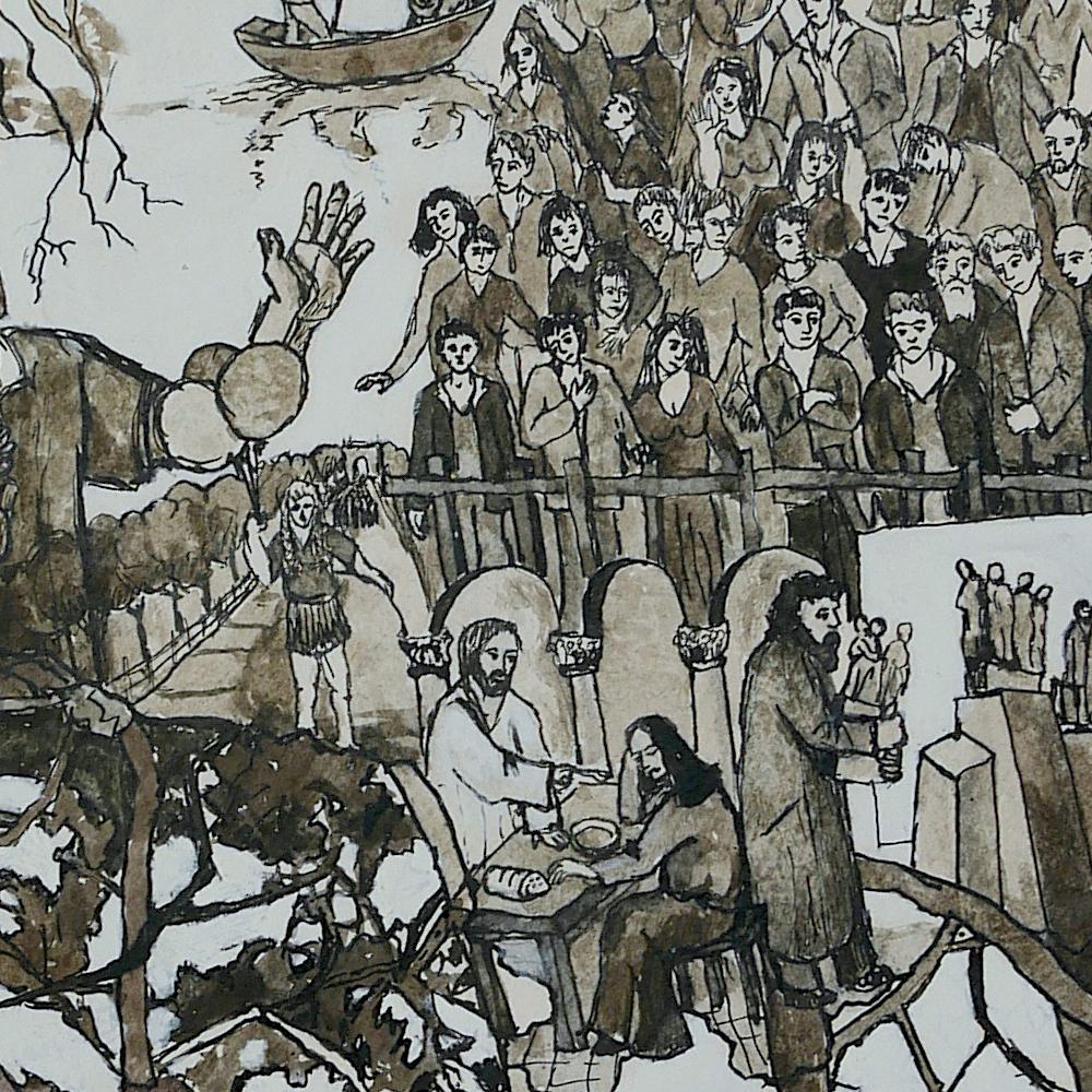 « Shepherds of Arcadia », arbres, humain dans la nature, pigments et dessin sur papier - Art de Frank Girard