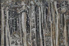 "Pinewood", Trees Inhabited by Human in Nature, Drawing with Pigments on Paper