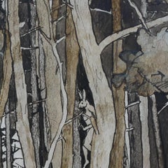 „Pinewood“, Bäume, die von Menschen in der Natur bewohnt werden, Zeichnung mit Pigmenten auf Papier