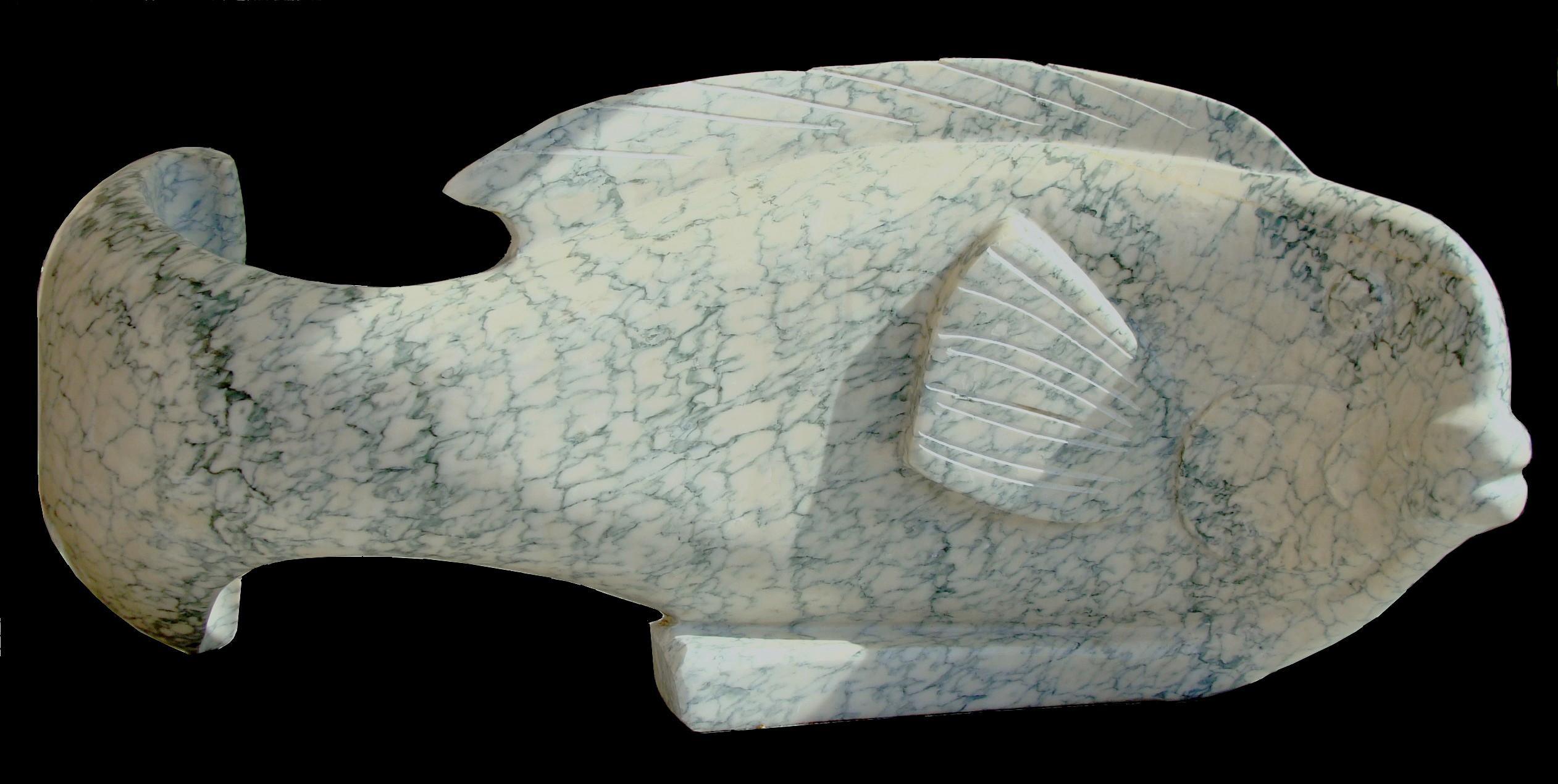“Ocean Plenitude”, Green-Veined White Carrara Marble Fish Figurative Sculpture For Sale 1
