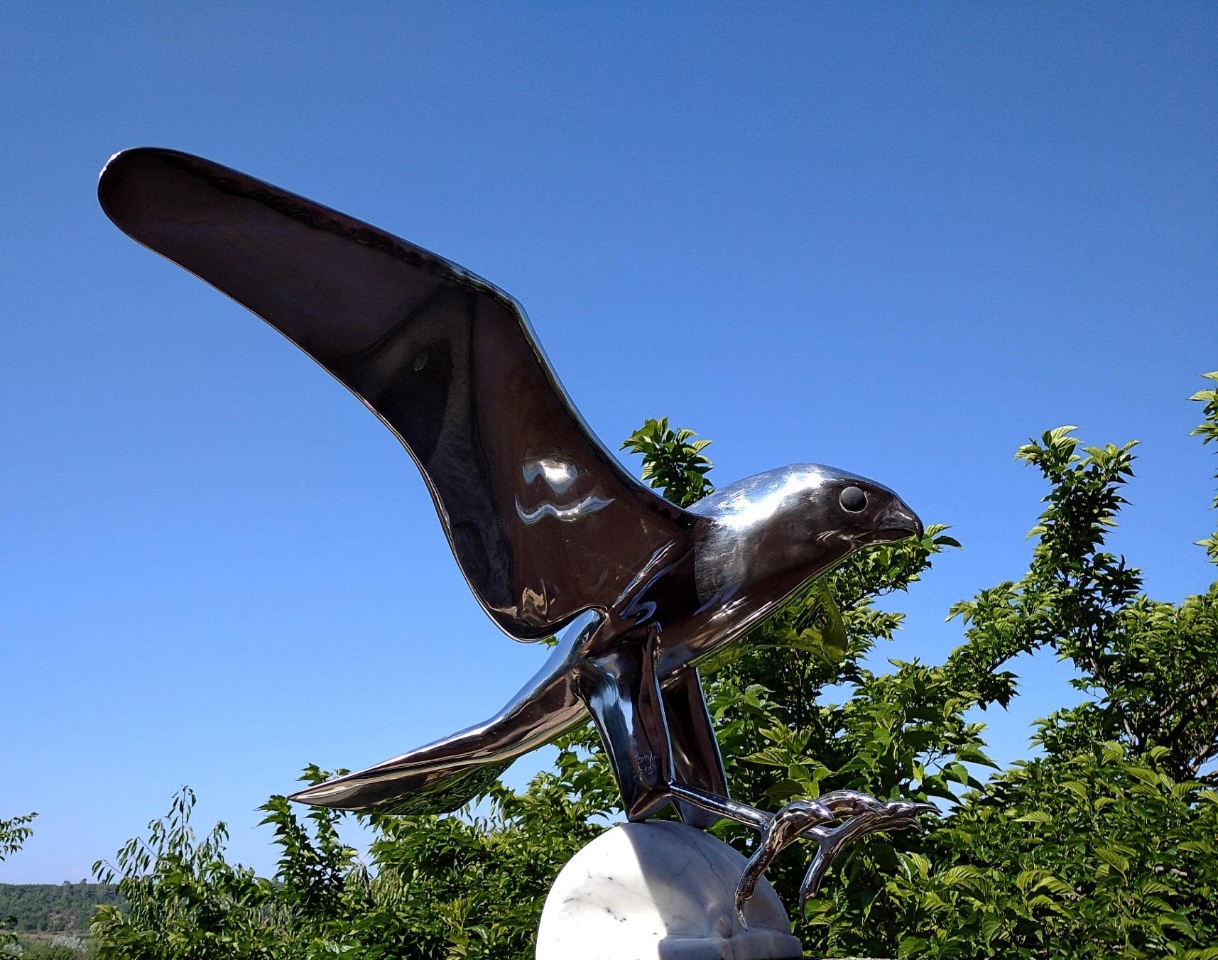 “Falcon”, Monumental Bird Figurative Stainless Steel Sculpture on Marble Base 7