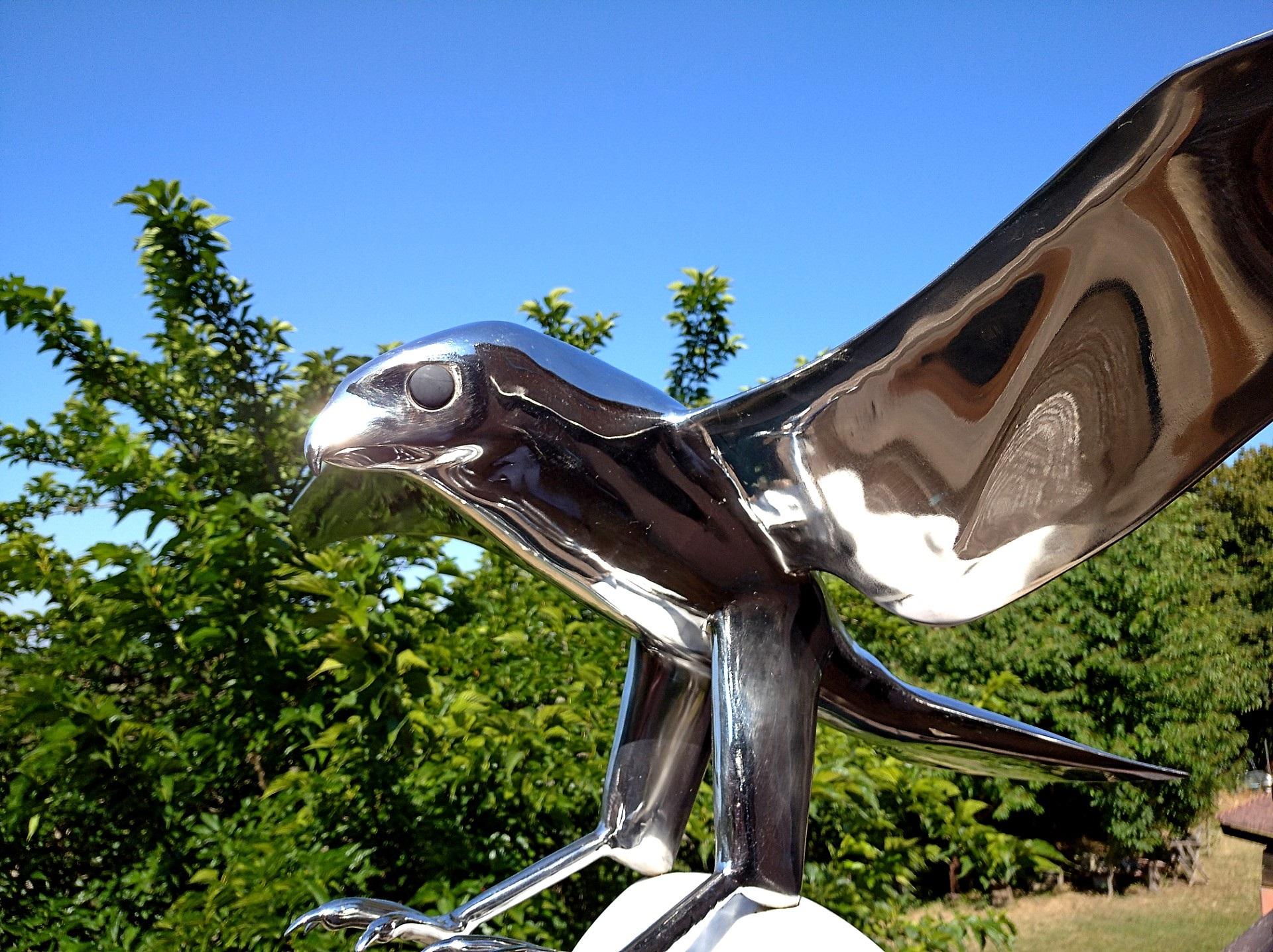“Falcon”, Monumental Bird Figurative Stainless Steel Sculpture on Marble Base 11