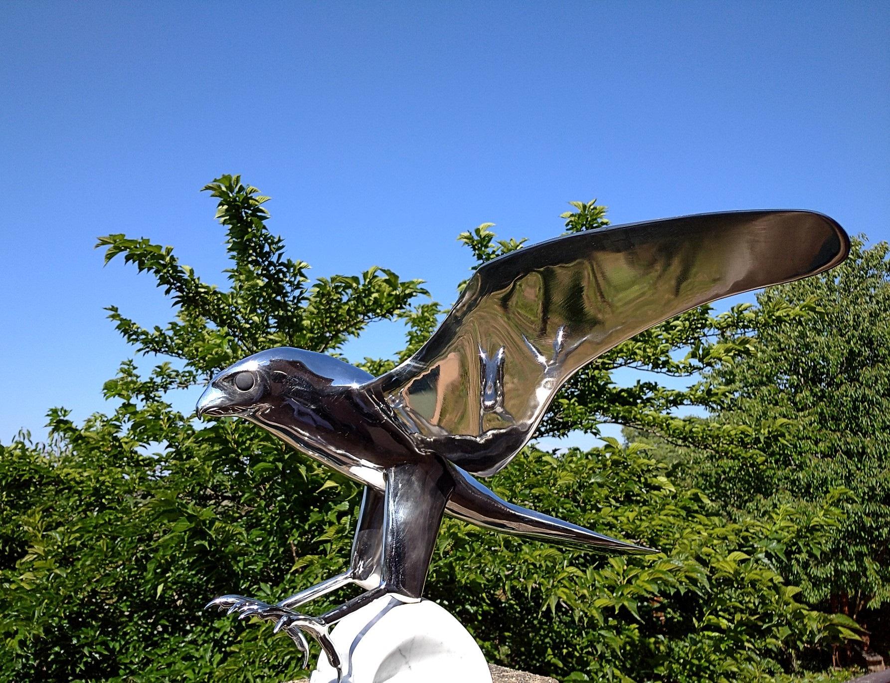 “Falcon”, Monumental Bird Figurative Stainless Steel Sculpture on Marble Base 1