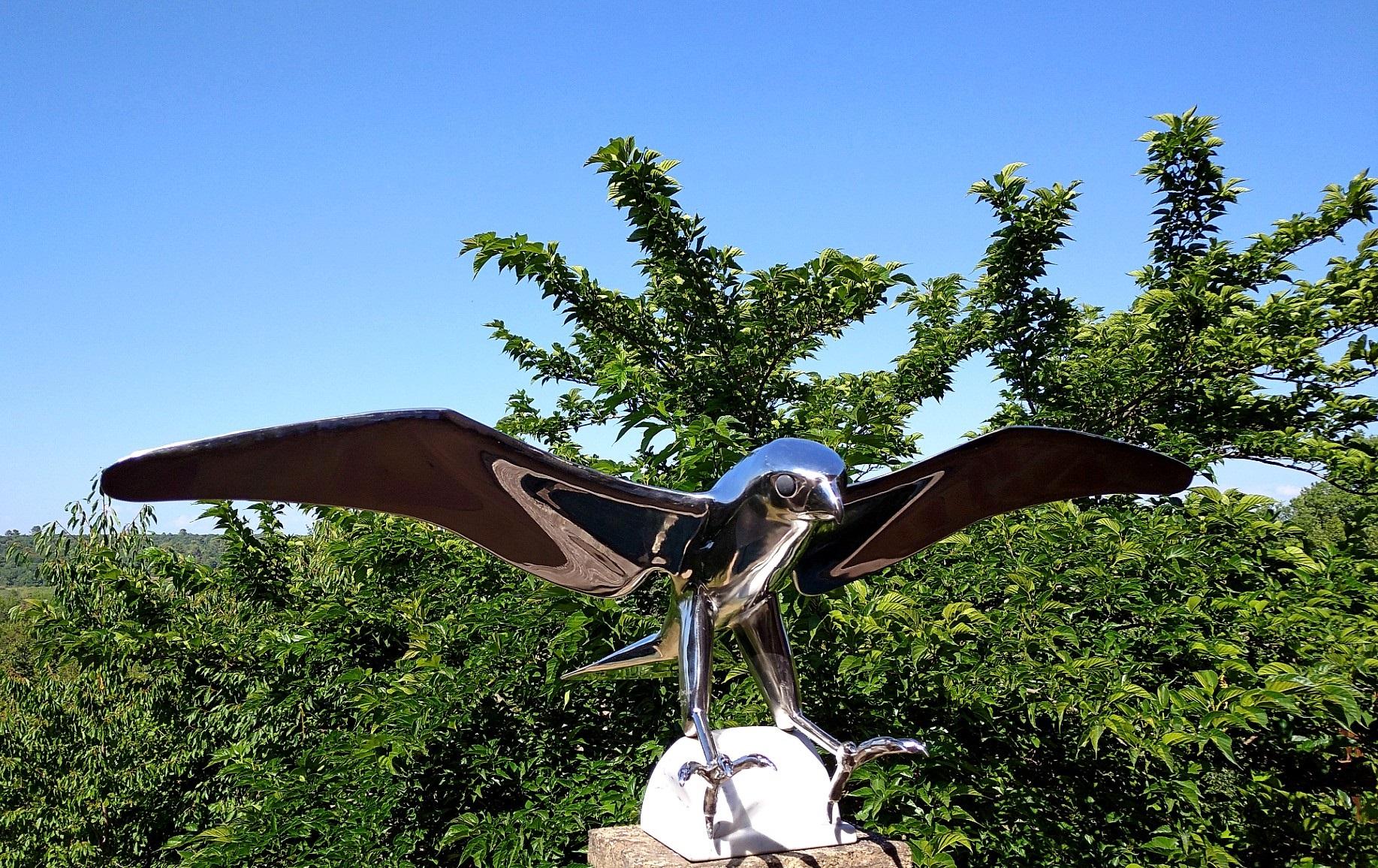 “Falcon”, Monumental Bird Figurative Stainless Steel Sculpture on Marble Base 12