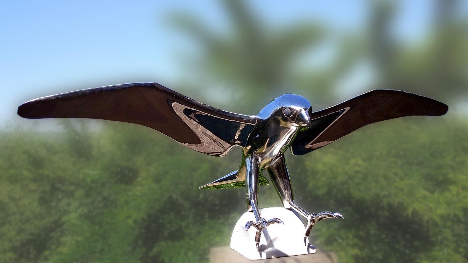 Lutfi Romhein Figurative Sculpture - “Falcon”, Monumental Bird Figurative Stainless Steel Sculpture on Marble Base