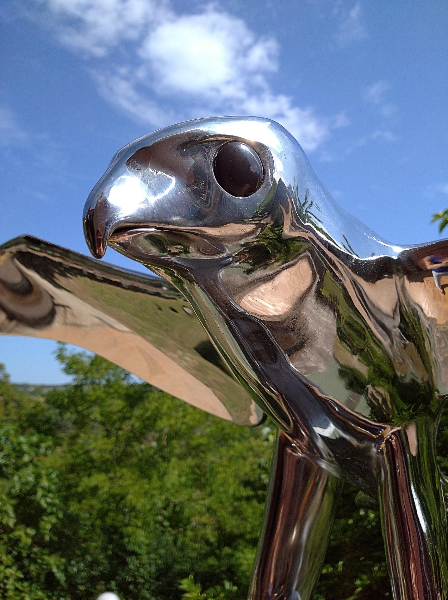 This unique piece, named “Falcon”, was created and shaped by Lutfi Romhein directly from 2 mm thick 316L stainless steel sheets.

This artwork depicts a very realistic falcon in its standing position. The whole work of the artist on the organic