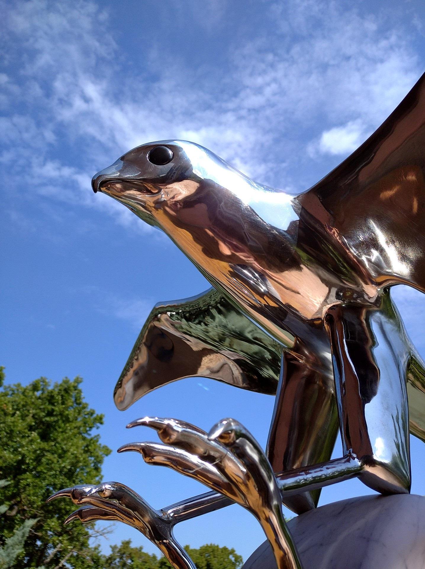 “Falcon”, Monumental Bird Figurative Stainless Steel Sculpture on Marble Base - Gray Figurative Sculpture by Lutfi Romhein