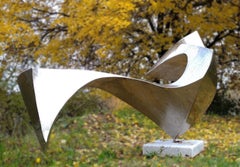 “Swan”, Wave Effect Stainless Steel Monumental Abstract Sculpture on Marble Base