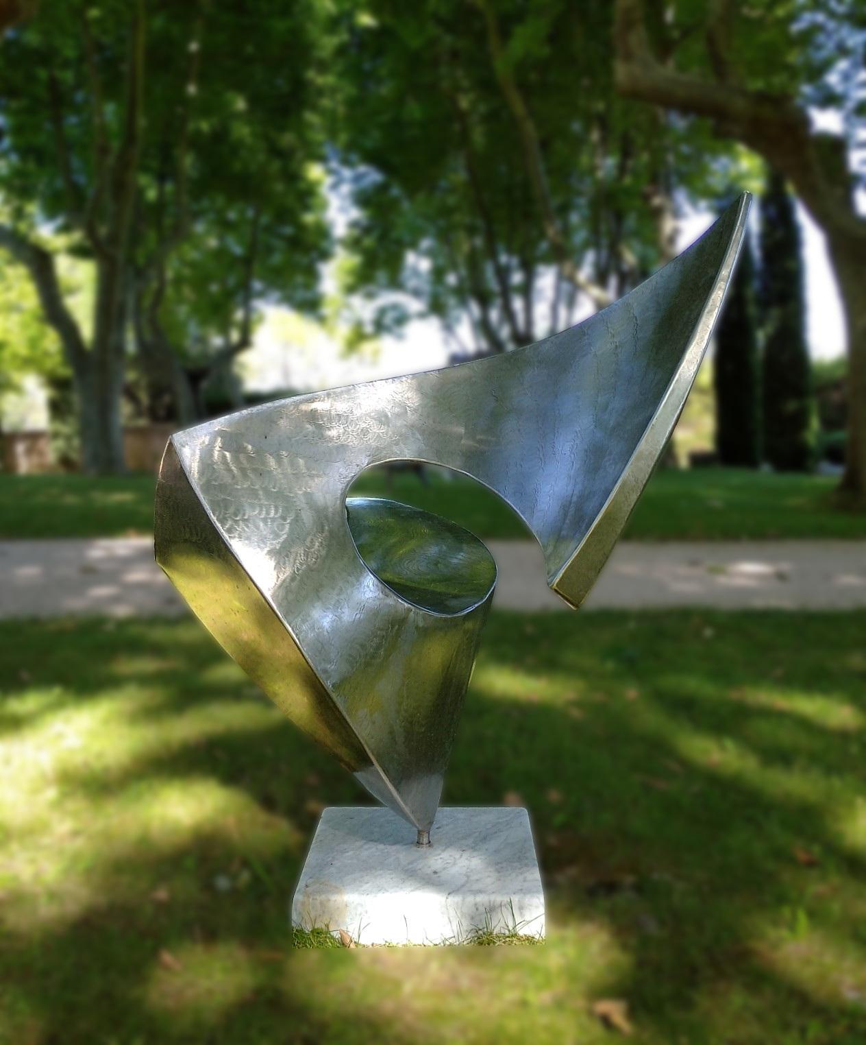 “Swan”, Wave Effect Stainless Steel Monumental Abstract Sculpture on Marble Base 1