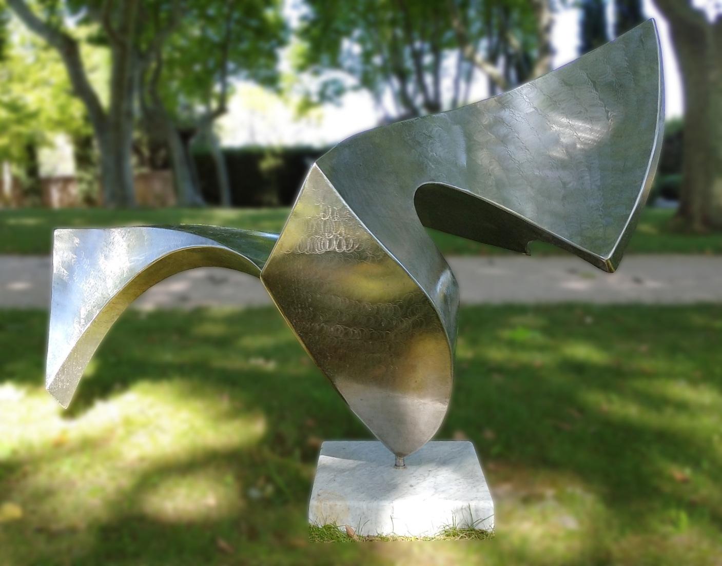 “Swan”, Wave Effect Stainless Steel Monumental Abstract Sculpture on Marble Base 2