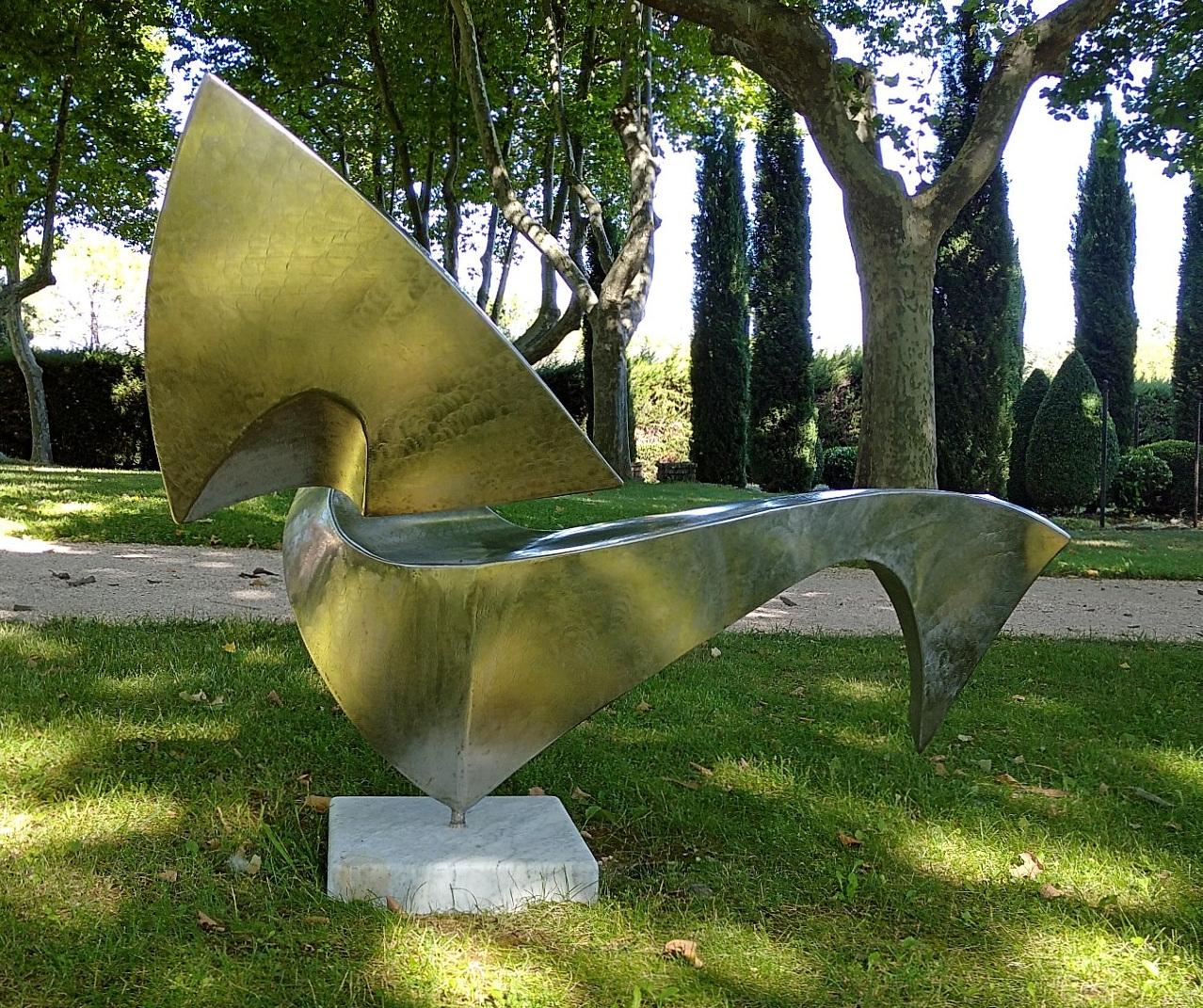 “Swan”, Wave Effect Stainless Steel Monumental Abstract Sculpture on Marble Base 3