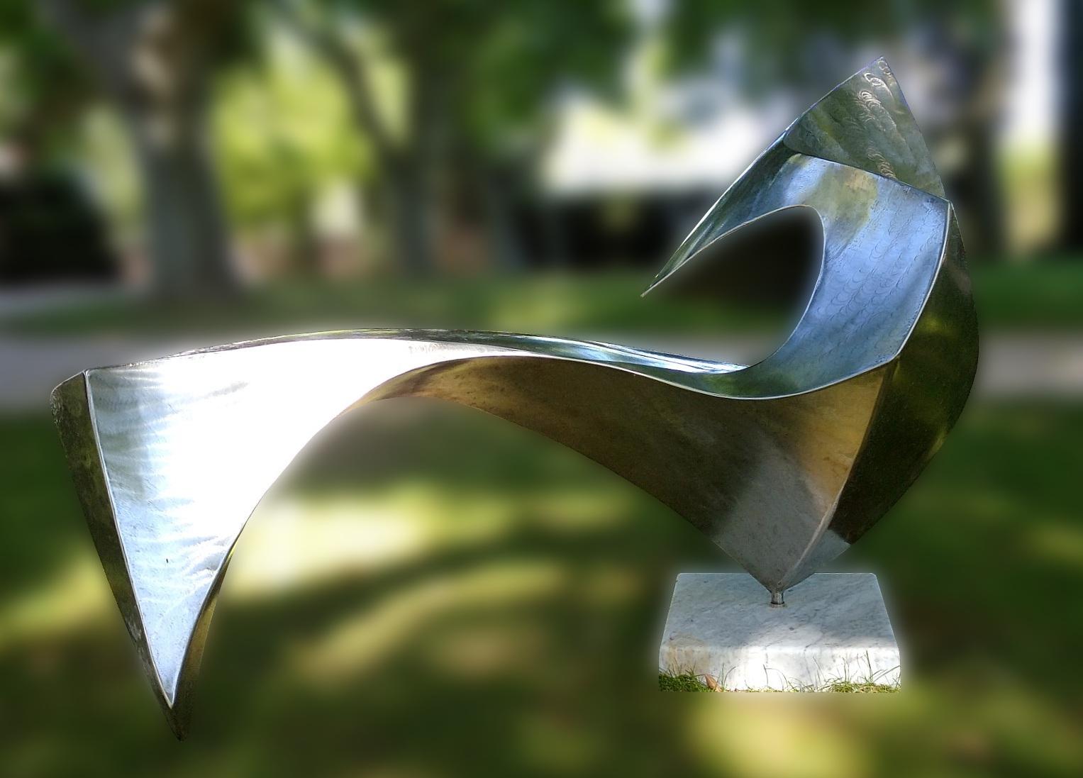 “Swan”, Wave Effect Stainless Steel Monumental Abstract Sculpture on Marble Base 4