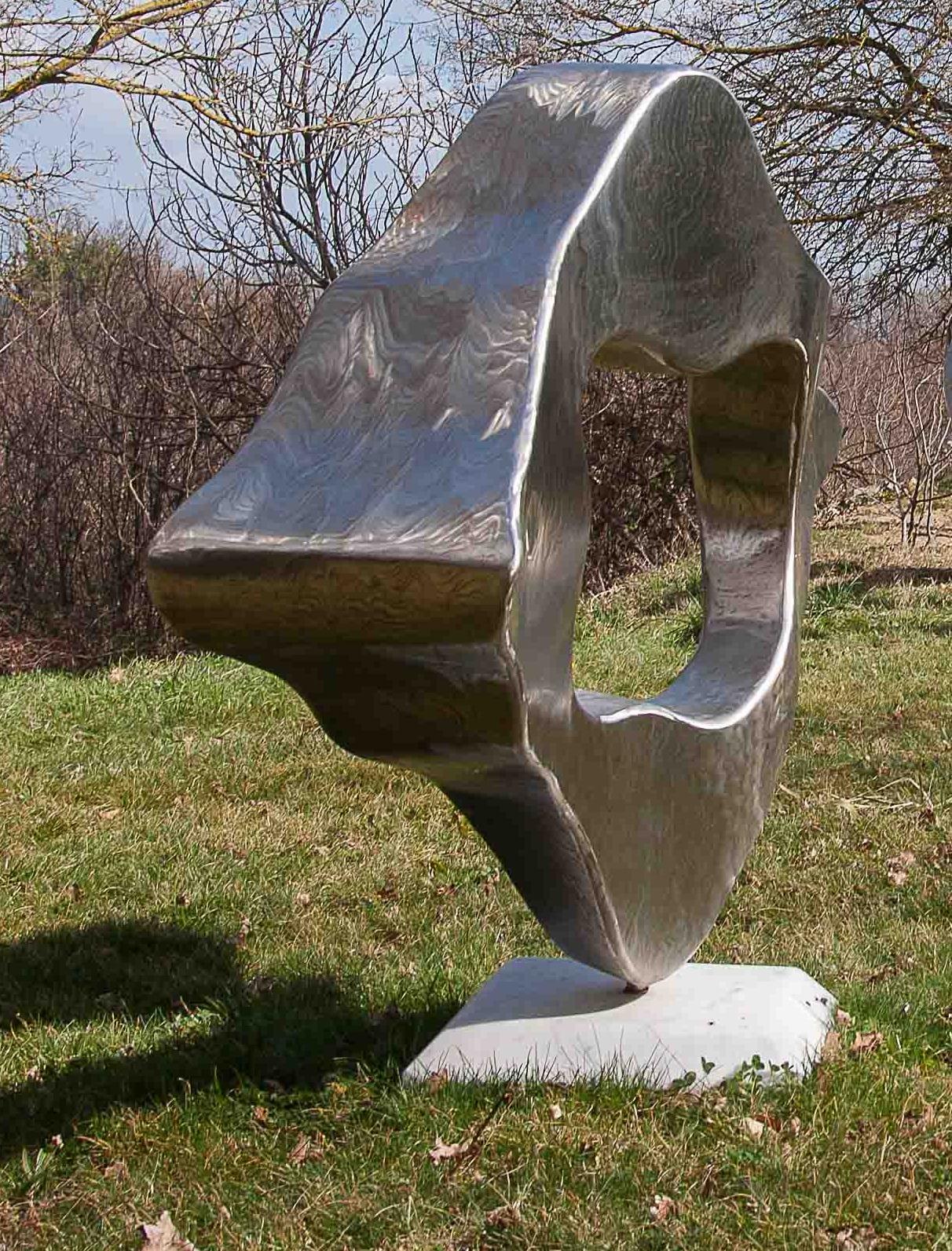 “Cloud”, Stainless Steel Monumental Abstract Sculpture on White Marble Base 3