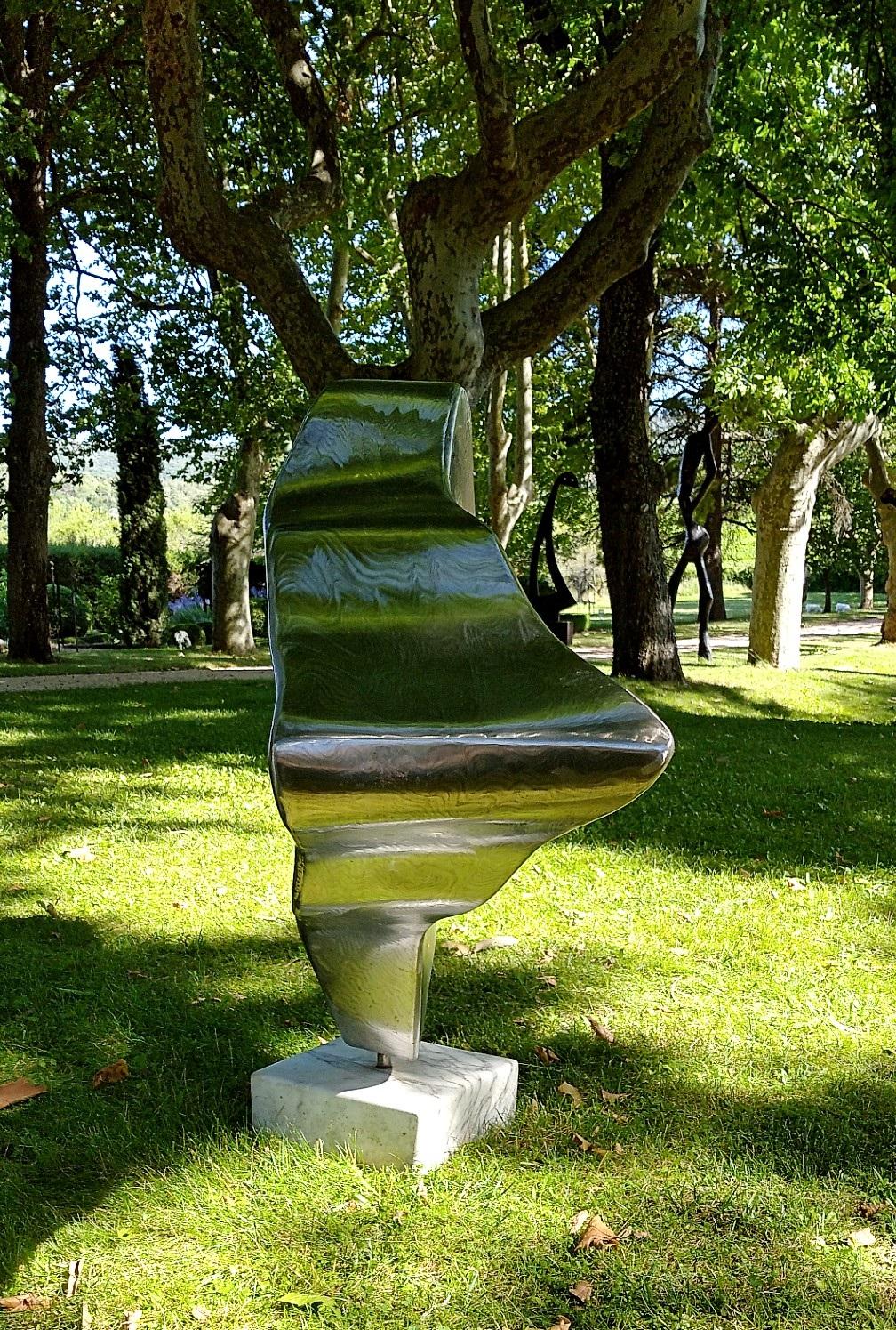 “Cloud”, Stainless Steel Monumental Abstract Sculpture on White Marble Base 2