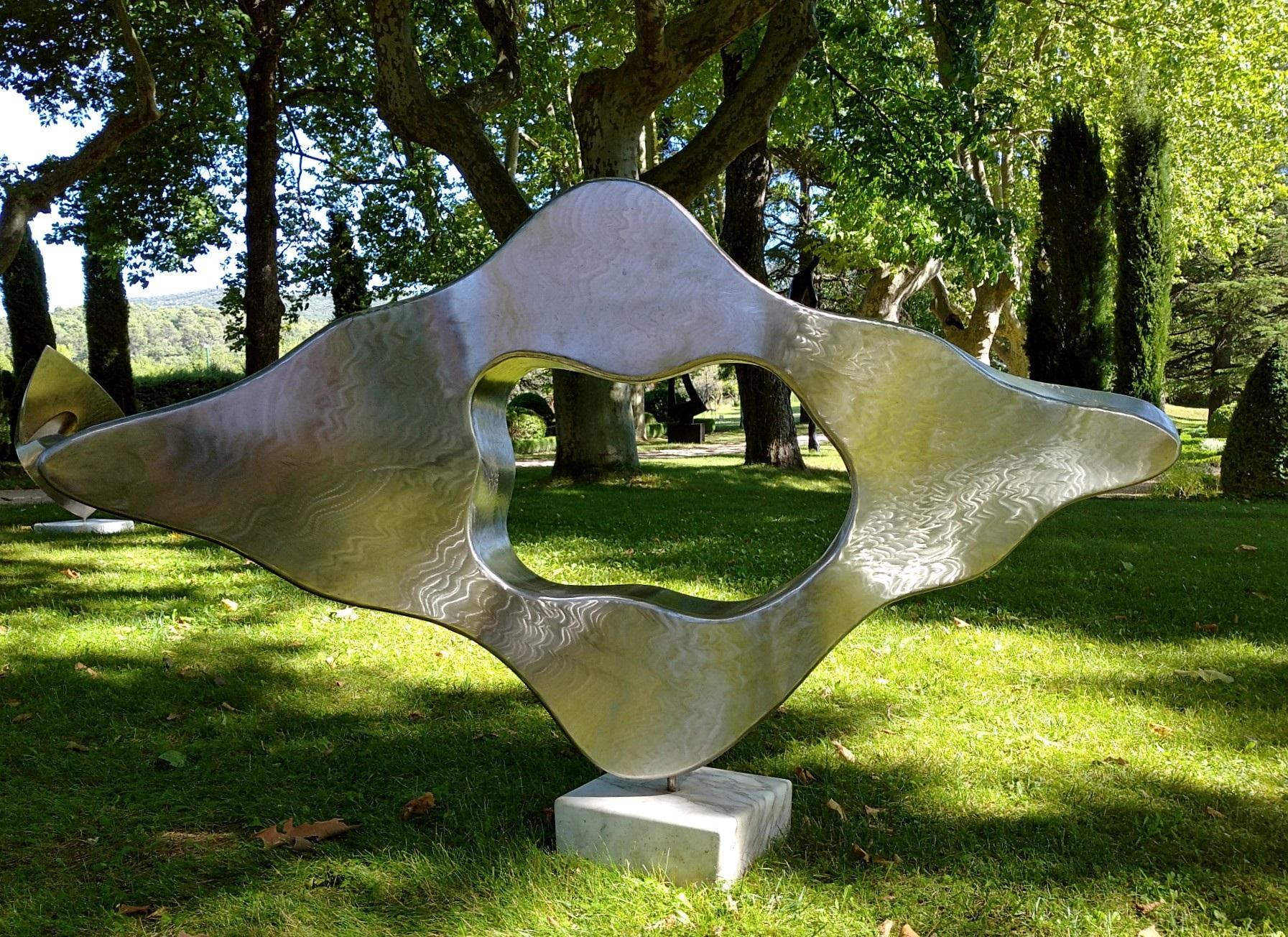 “Cloud”, Stainless Steel Monumental Abstract Sculpture on White Marble Base 4