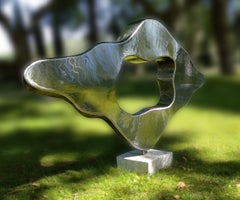 “Cloud”, Stainless Steel Monumental Abstract Sculpture on White Marble Base