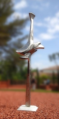 “Flaming", Stainless Steel Monumental Slender Abstract Sculpture on Marble Base