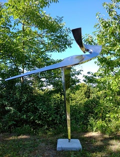 “Arabesque”, Stainless Steel Monumental abstract Sculpture on White Marble Base