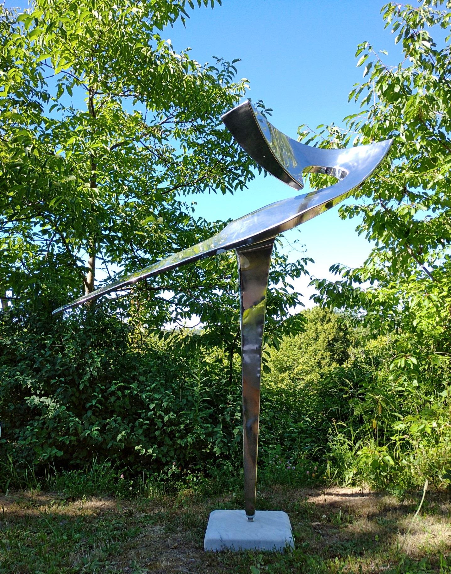 “Arabesque”, Stainless Steel Monumental abstract Sculpture on White Marble Base - Black Abstract Sculpture by Lutfi Romhein