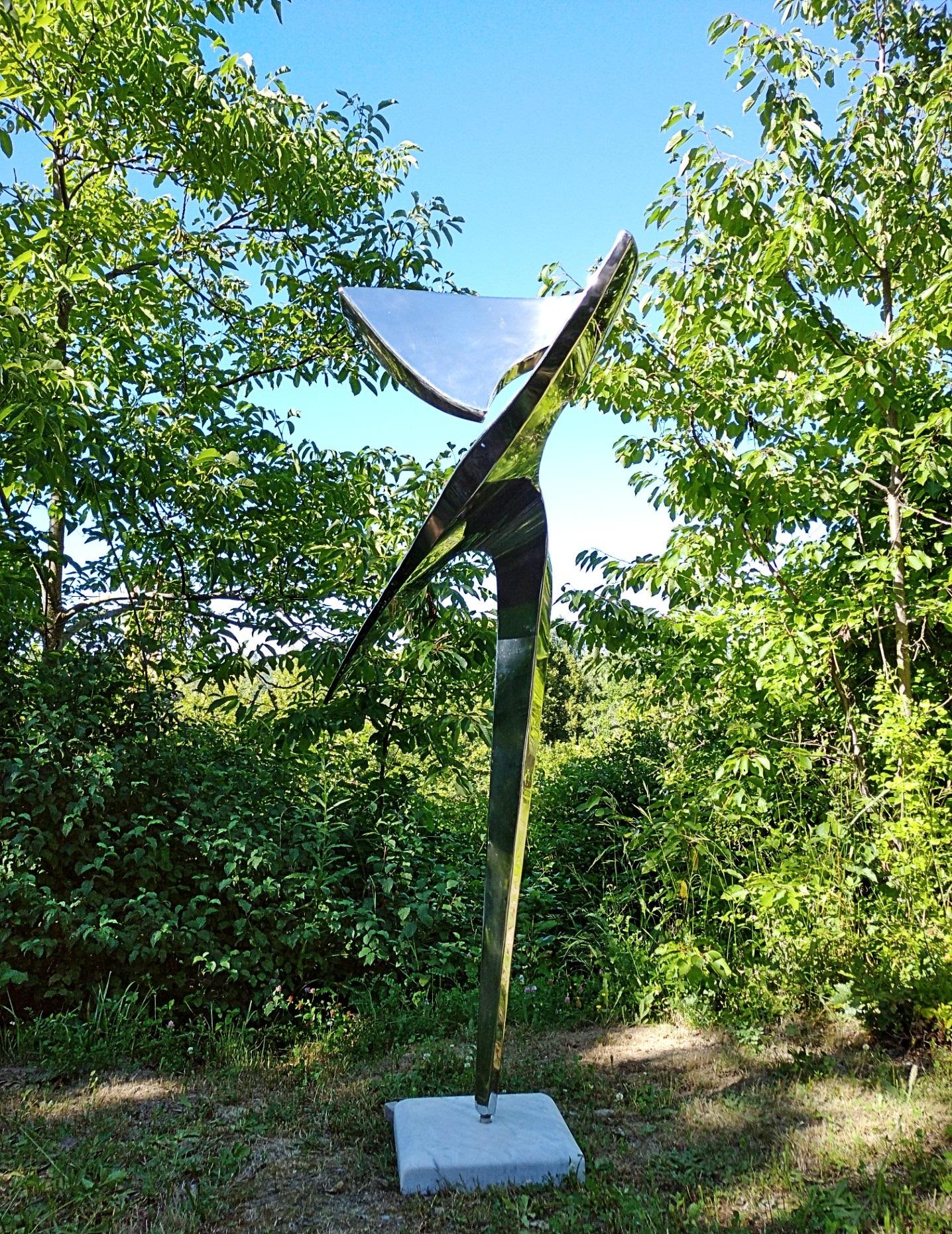 “Arabesque”, Stainless Steel Monumental abstract Sculpture on White Marble Base 1