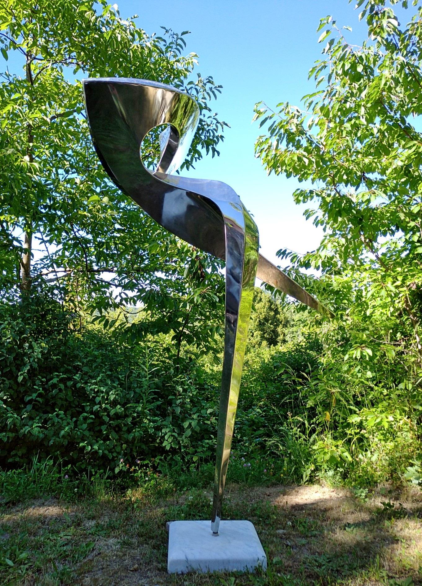 “Arabesque”, Stainless Steel Monumental abstract Sculpture on White Marble Base 2