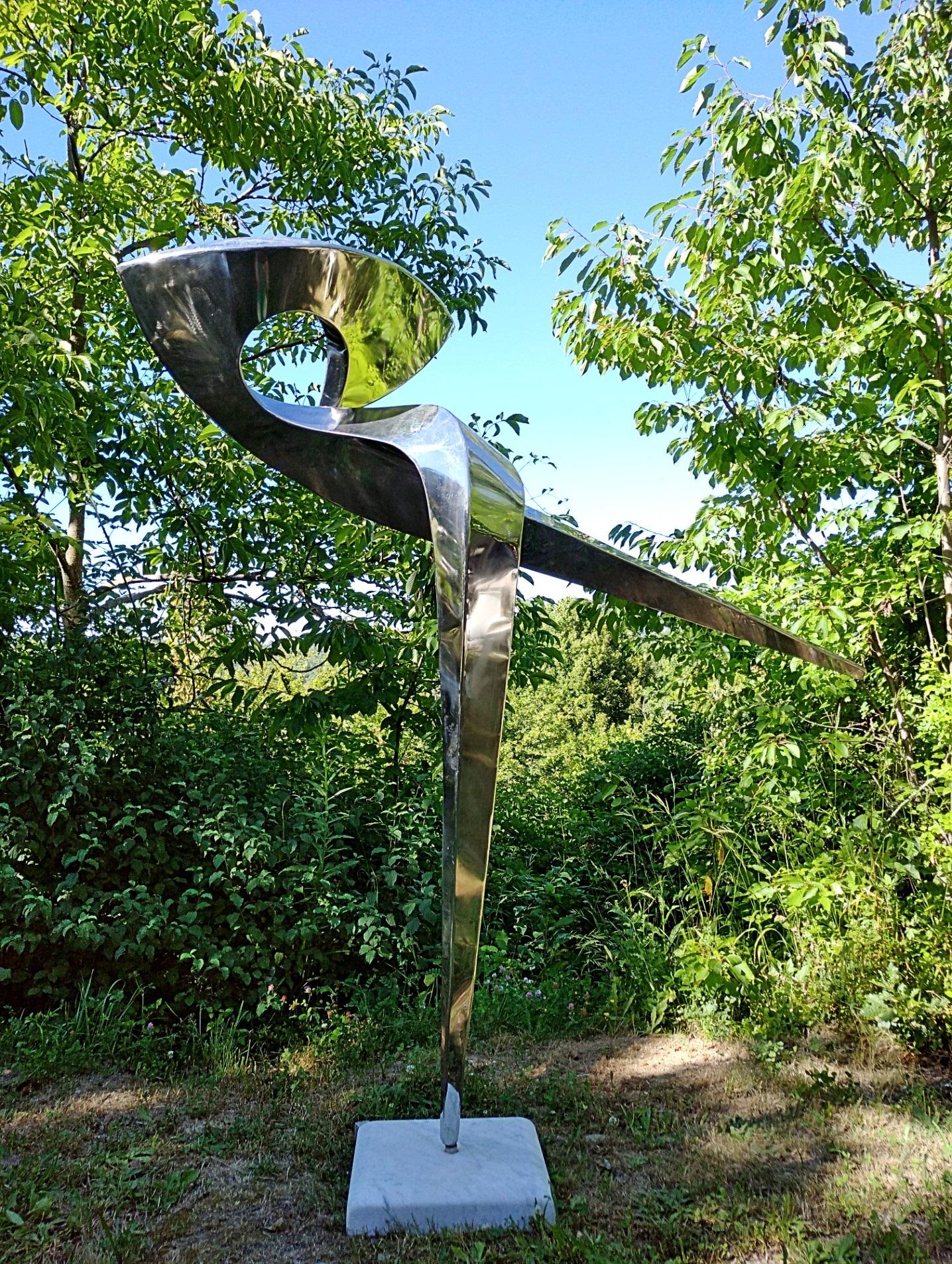 “Arabesque”, Stainless Steel Monumental abstract Sculpture on White Marble Base 3