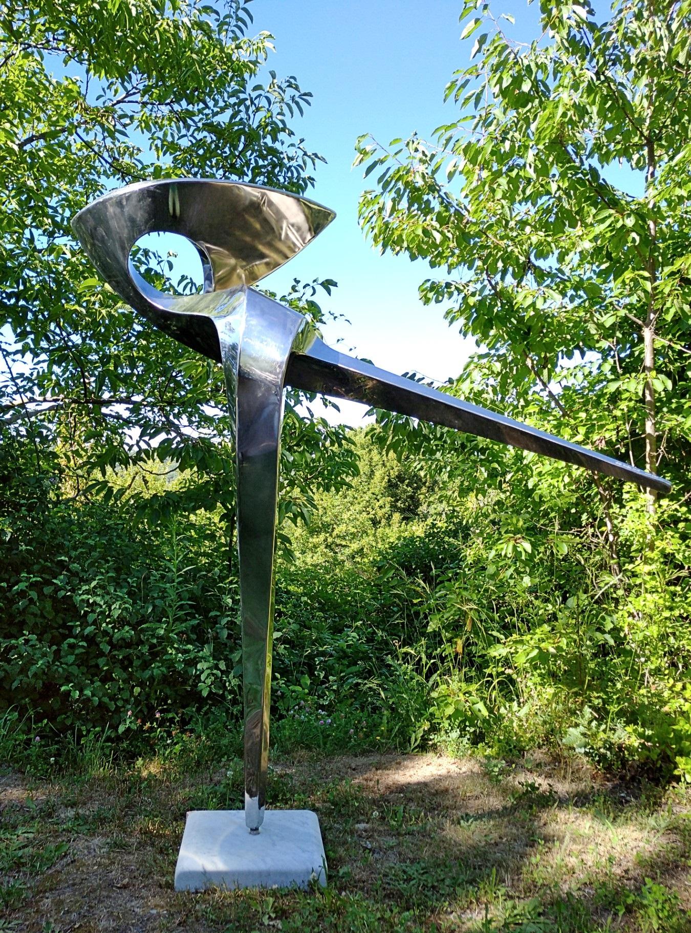 “Arabesque”, Stainless Steel Monumental abstract Sculpture on White Marble Base 4