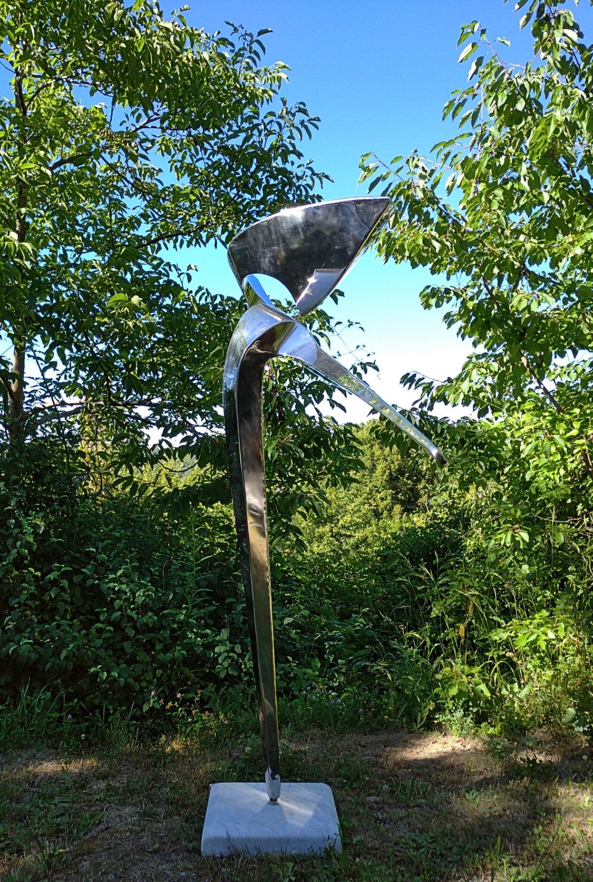 “Arabesque”, Stainless Steel Monumental abstract Sculpture on White Marble Base 5