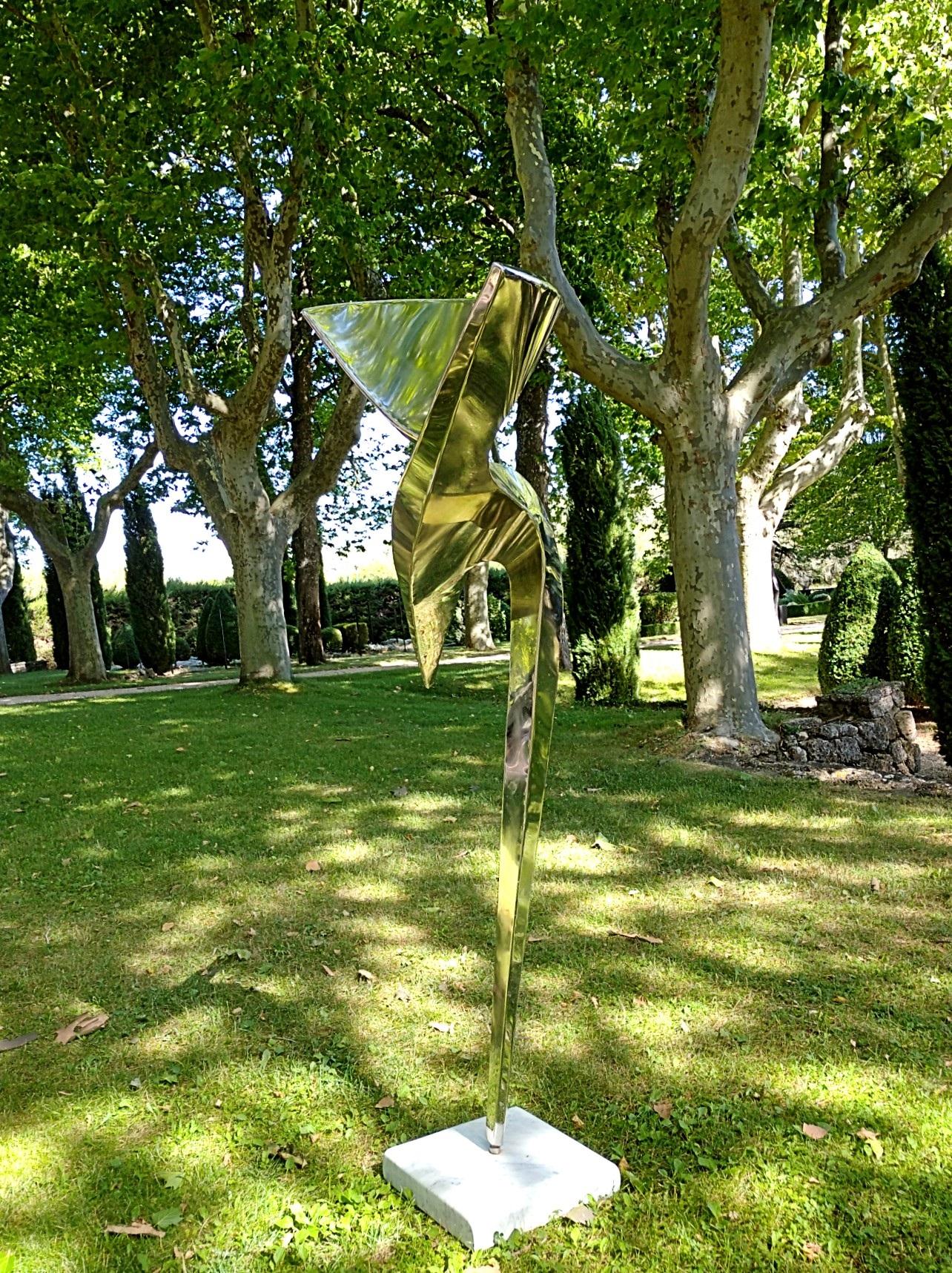 “Arabesque”, Stainless Steel Monumental abstract Sculpture on White Marble Base 6