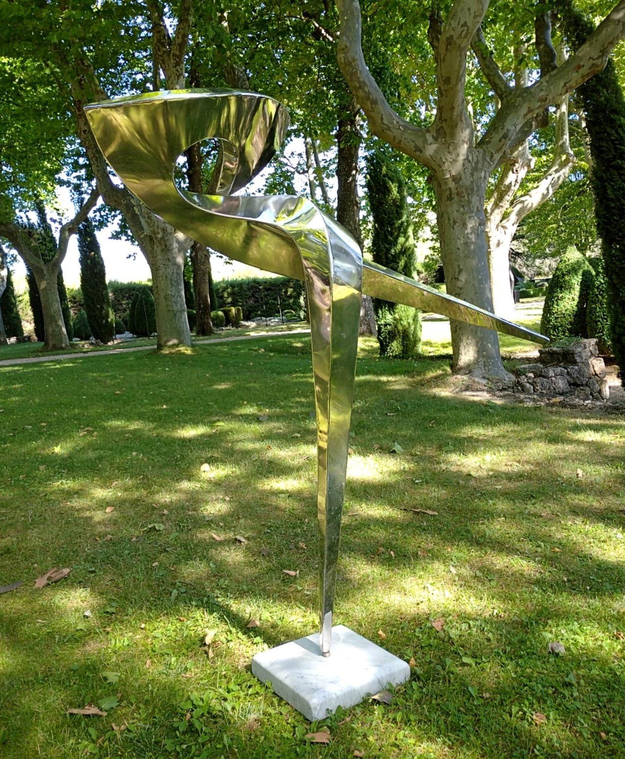 “Arabesque”, Stainless Steel Monumental abstract Sculpture on White Marble Base 8