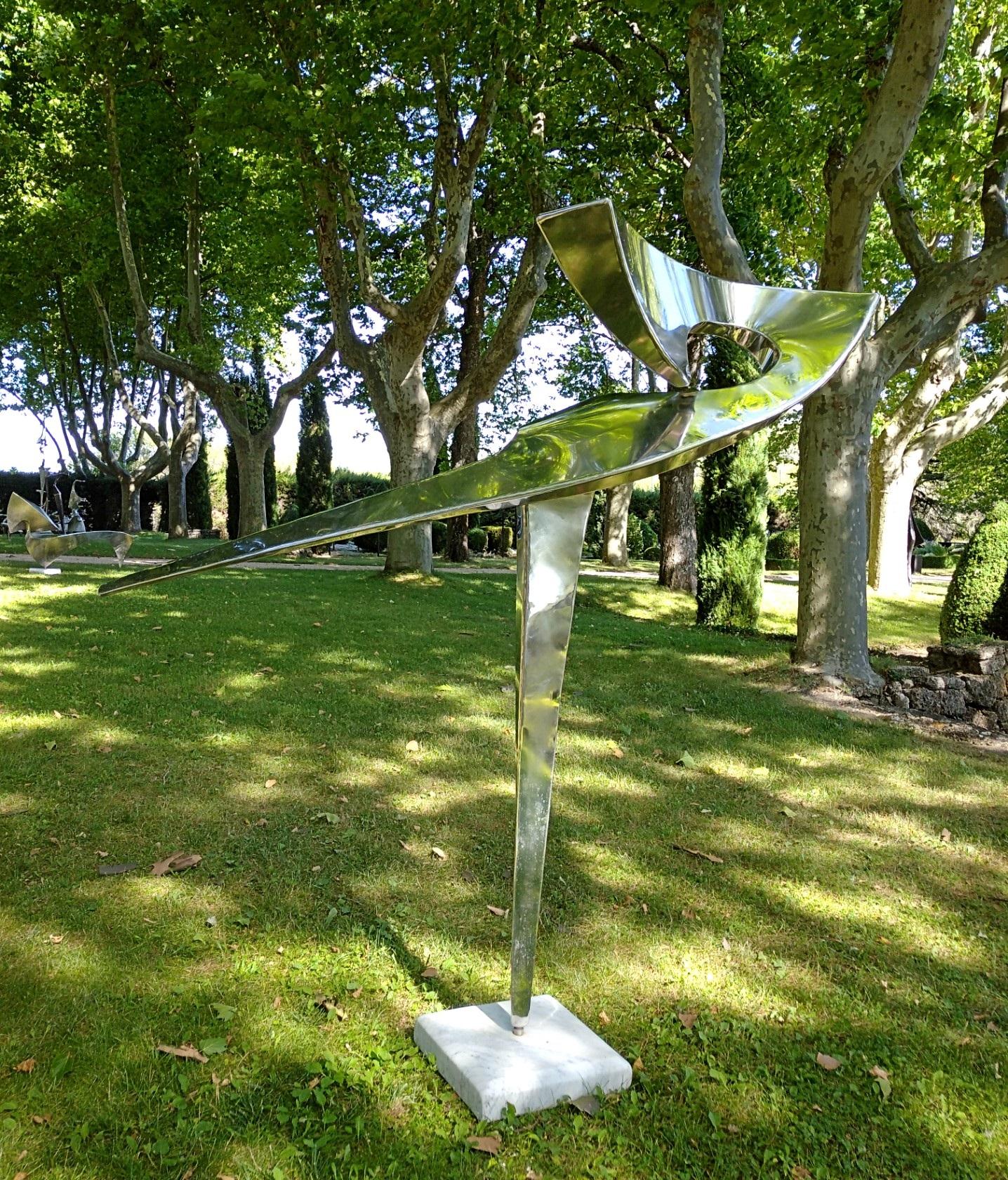 “Arabesque”, Stainless Steel Monumental abstract Sculpture on White Marble Base 9