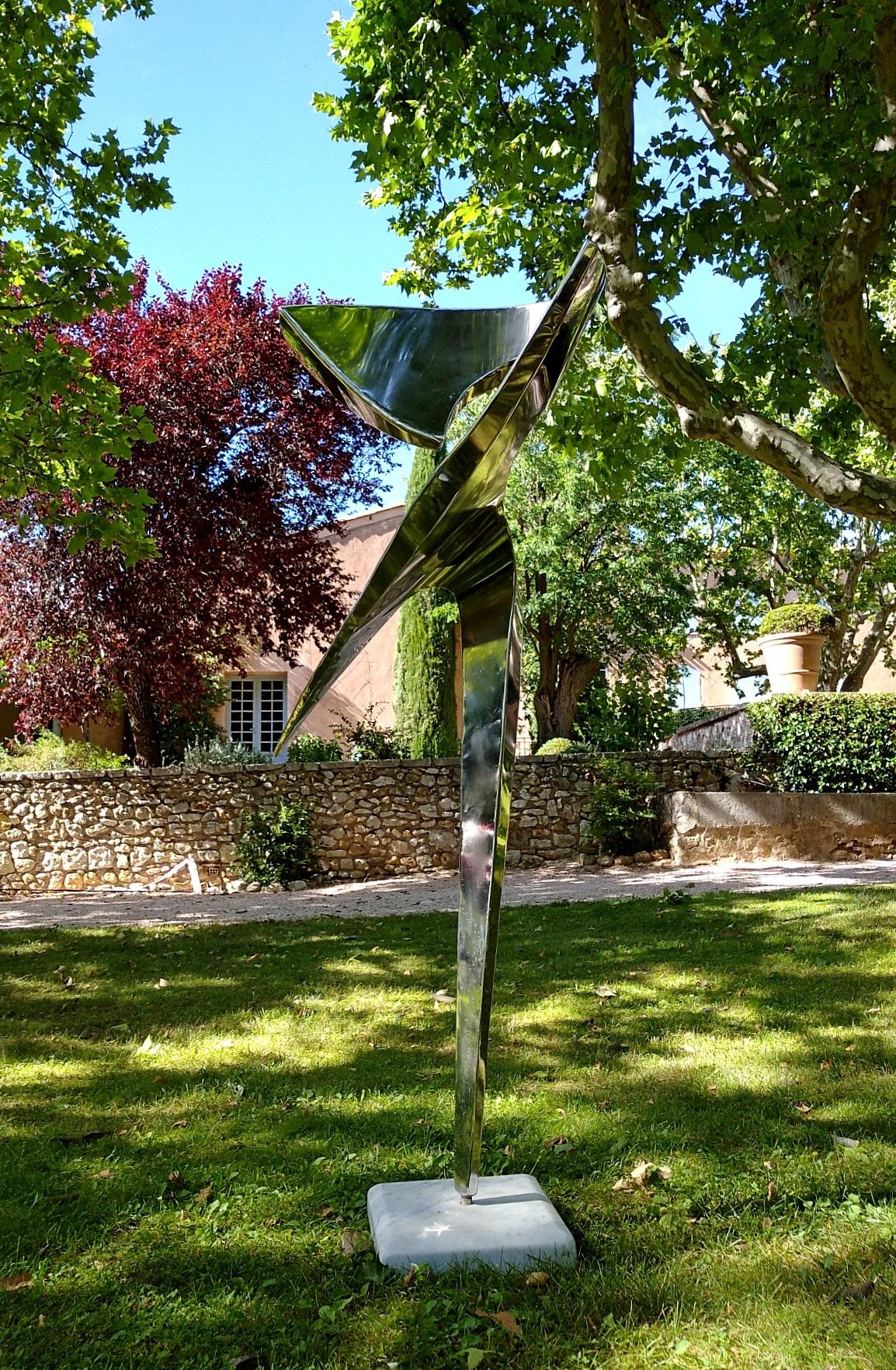 “Arabesque”, Stainless Steel Monumental abstract Sculpture on White Marble Base 10